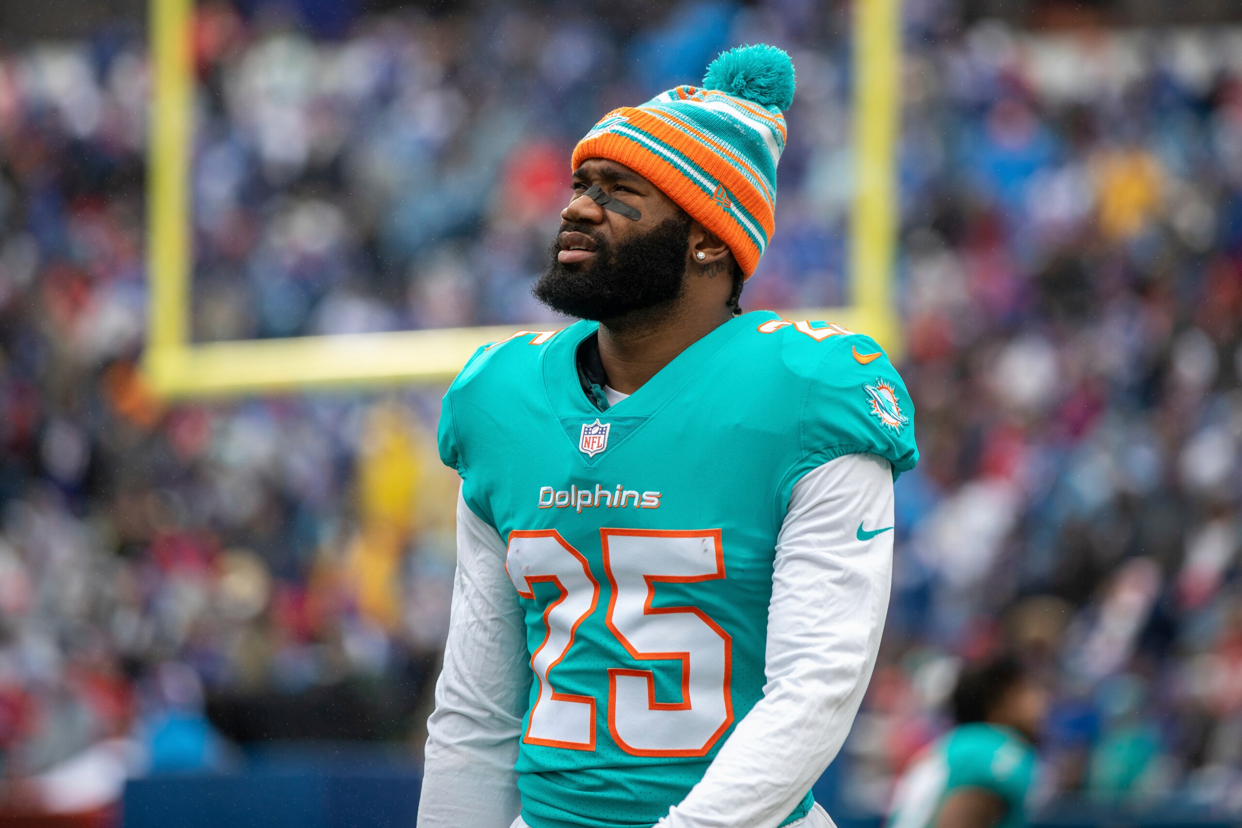 Miami Dolphins cornerback Xavien Howard (25) walks to the sideline before an NFL football game, Sunday, Oct. 31, 2021 in Orchard Park, NY. (AP Photo/Matt Durisko)