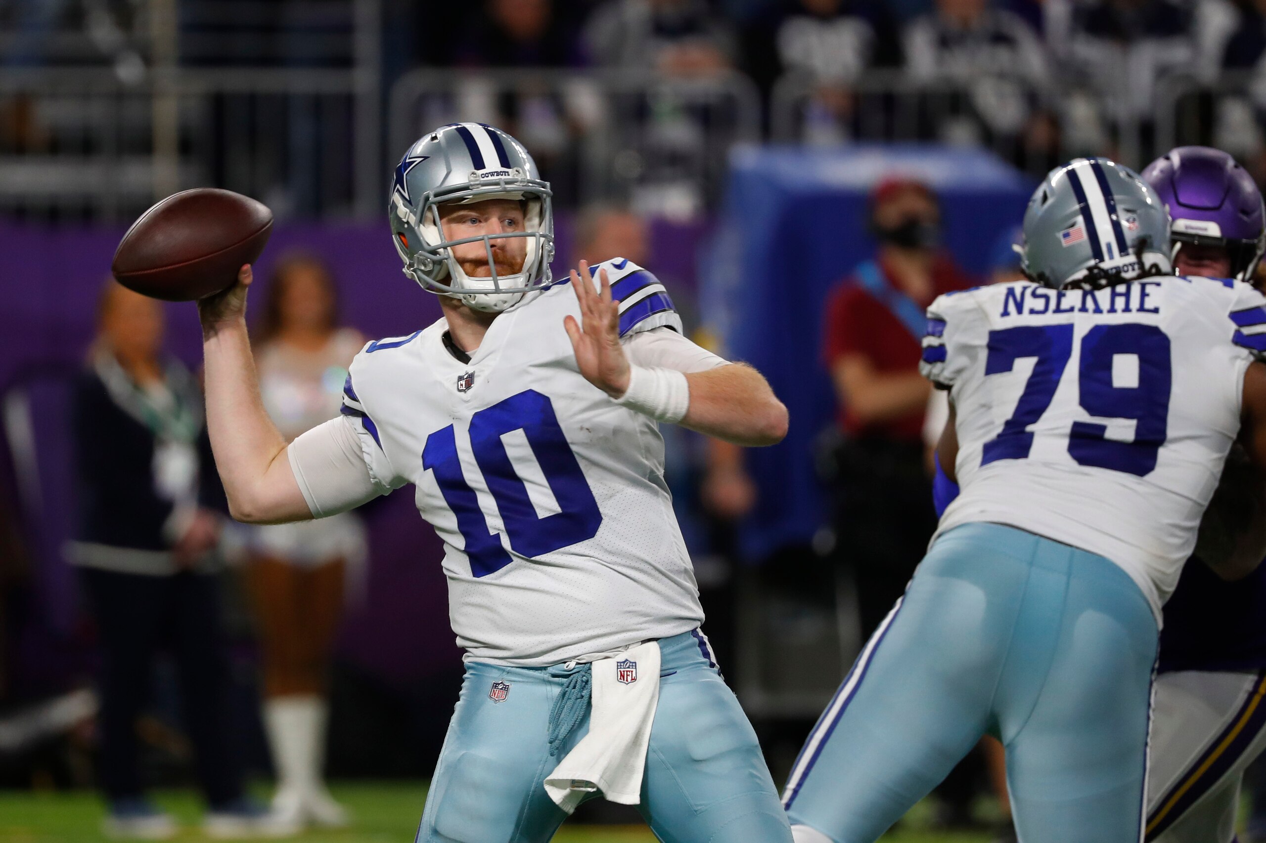 Dallas Cowboys quarterback Cooper Rush (10) throws a pass during the second half of an NFL football game against the Minnesota Vikings, Sunday, Oct. 31, 2021, in Minneapolis. (AP Photo/Bruce Kluckhohn)