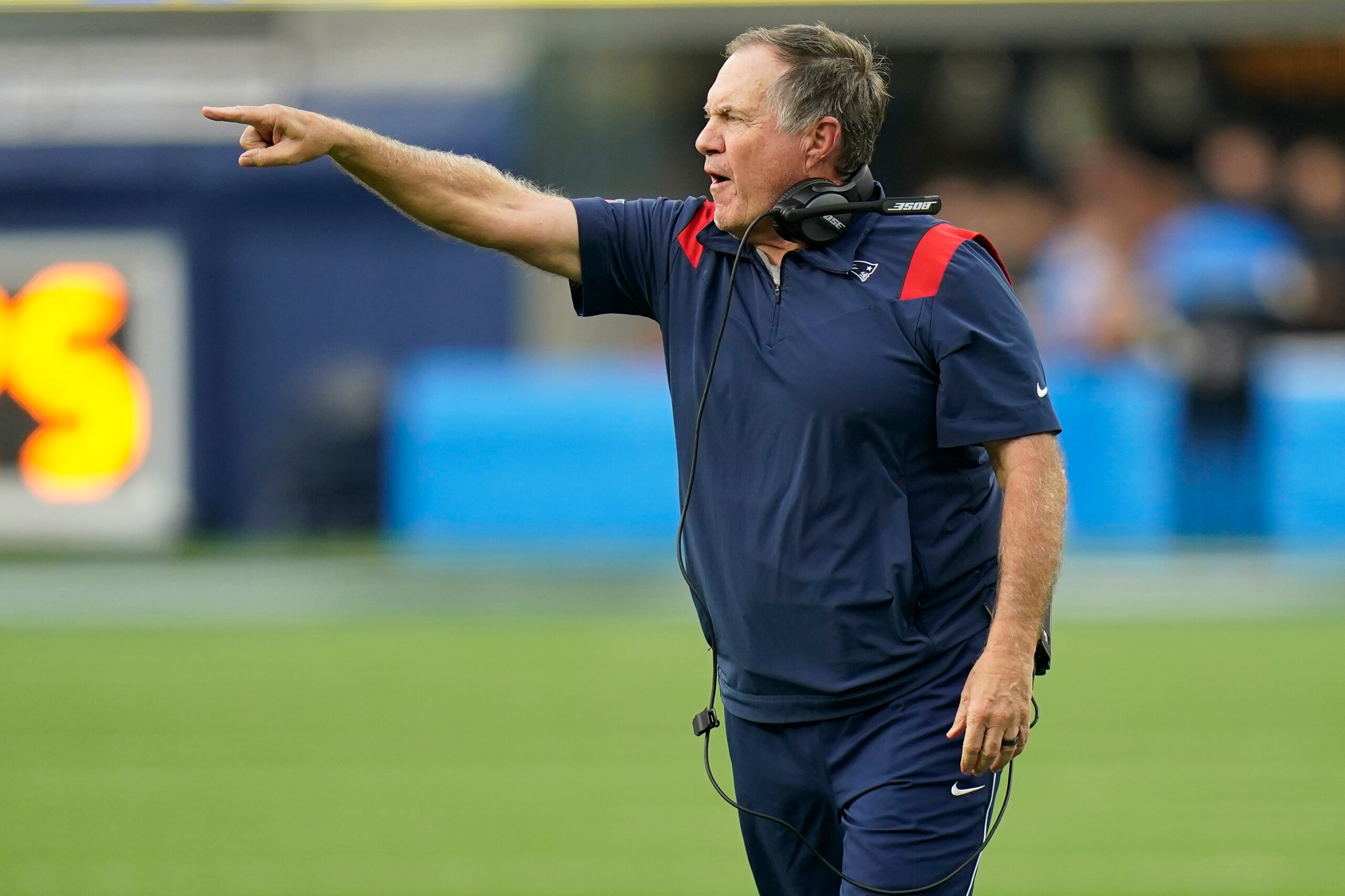 New England Patriots head coach Bill Belichick gives instructions from the sideline during the second half of an NFL football game against the Los Angeles Chargers Sunday, Oct. 31, 2021, in Inglewood, Calif. (AP Photo/Jae C. Hong)
