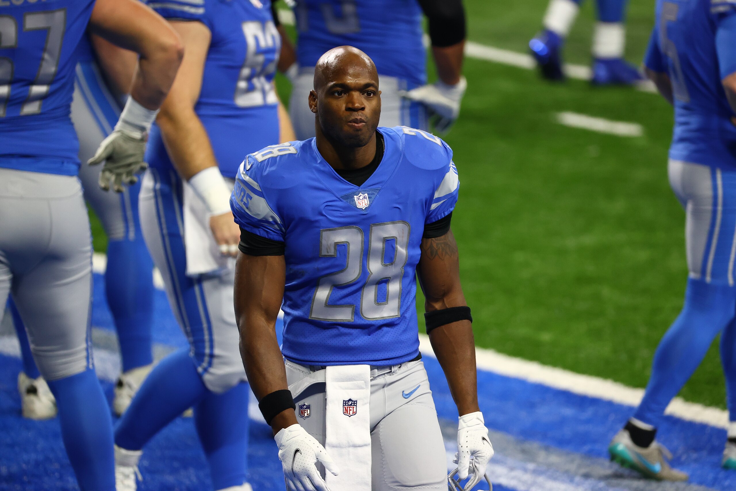 DETROIT, MI - JANUARY 03: Adrian Peterson #28 of the Detroit Lions walks off the field before a game against the Minnesota Vikings at Ford Field on January 3, 2021 in Detroit, Michigan. (Photo by Rey Del Rio/Getty Images)