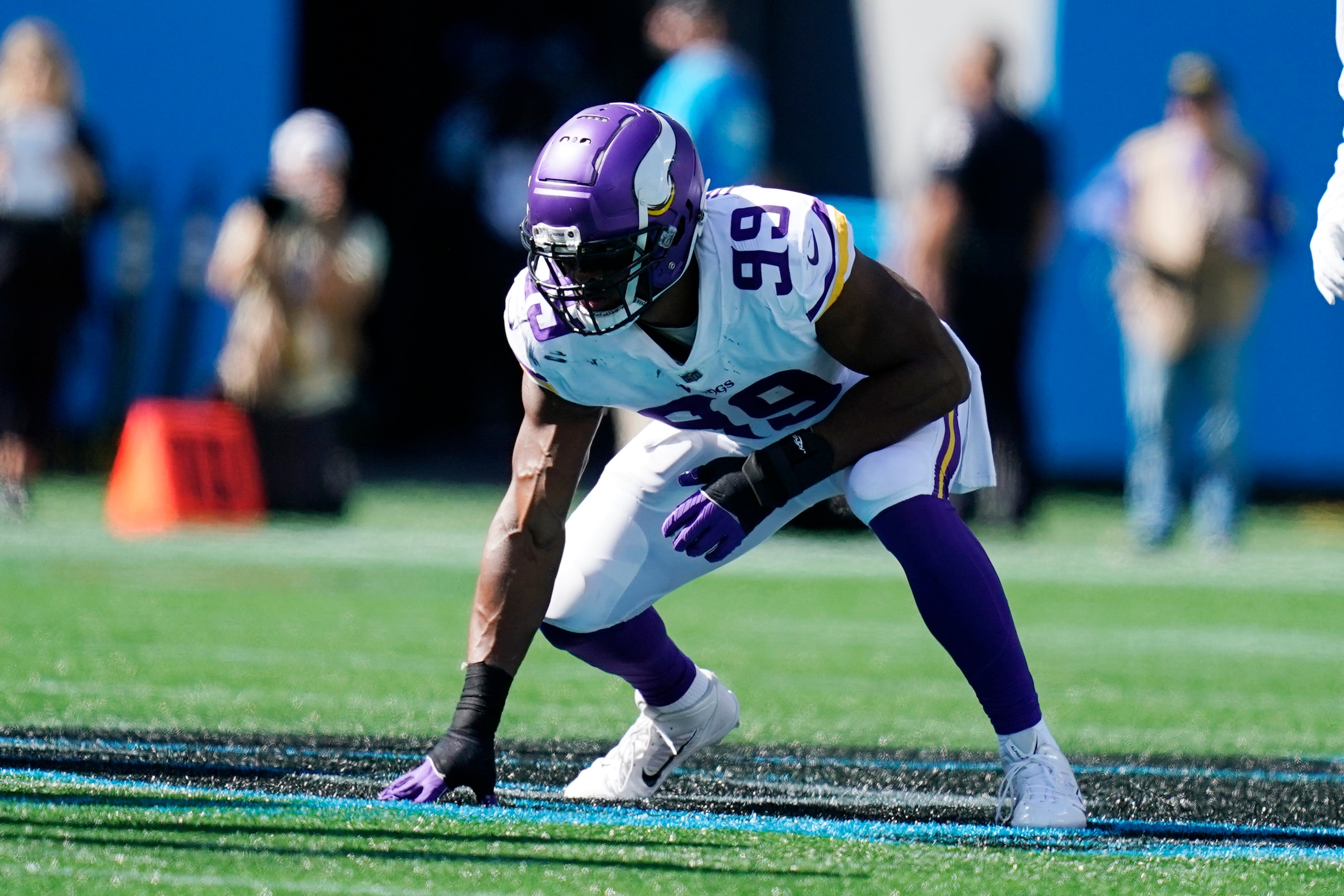 Minnesota Vikings defensive end Danielle Hunter (99) works against the Carolina Panthers during the first half of an NFL football game, Sunday, Oct. 17, 2021, in Charlotte, N.C. (AP Photo/Gerald Herbert)