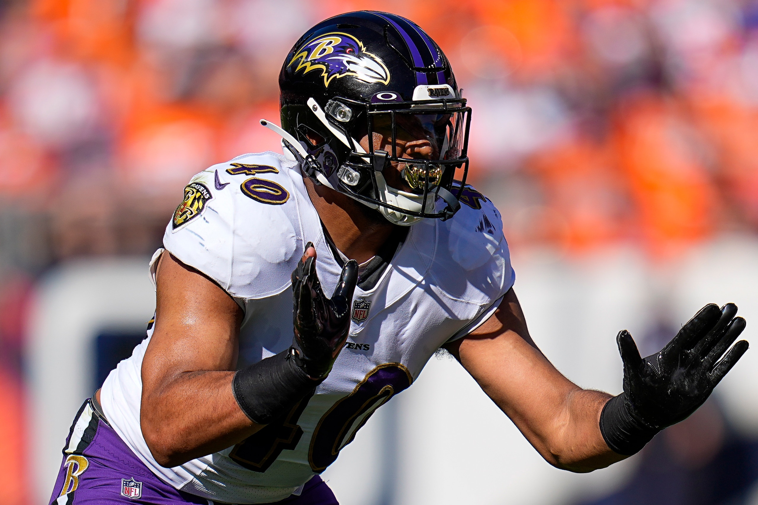 Baltimore Ravens inside linebacker Malik Harrison (40) plays against the Denver Broncos during an NFL football game Sunday, Oct. 3, 2021, in Denver. (AP Photo/Jack Dempsey)