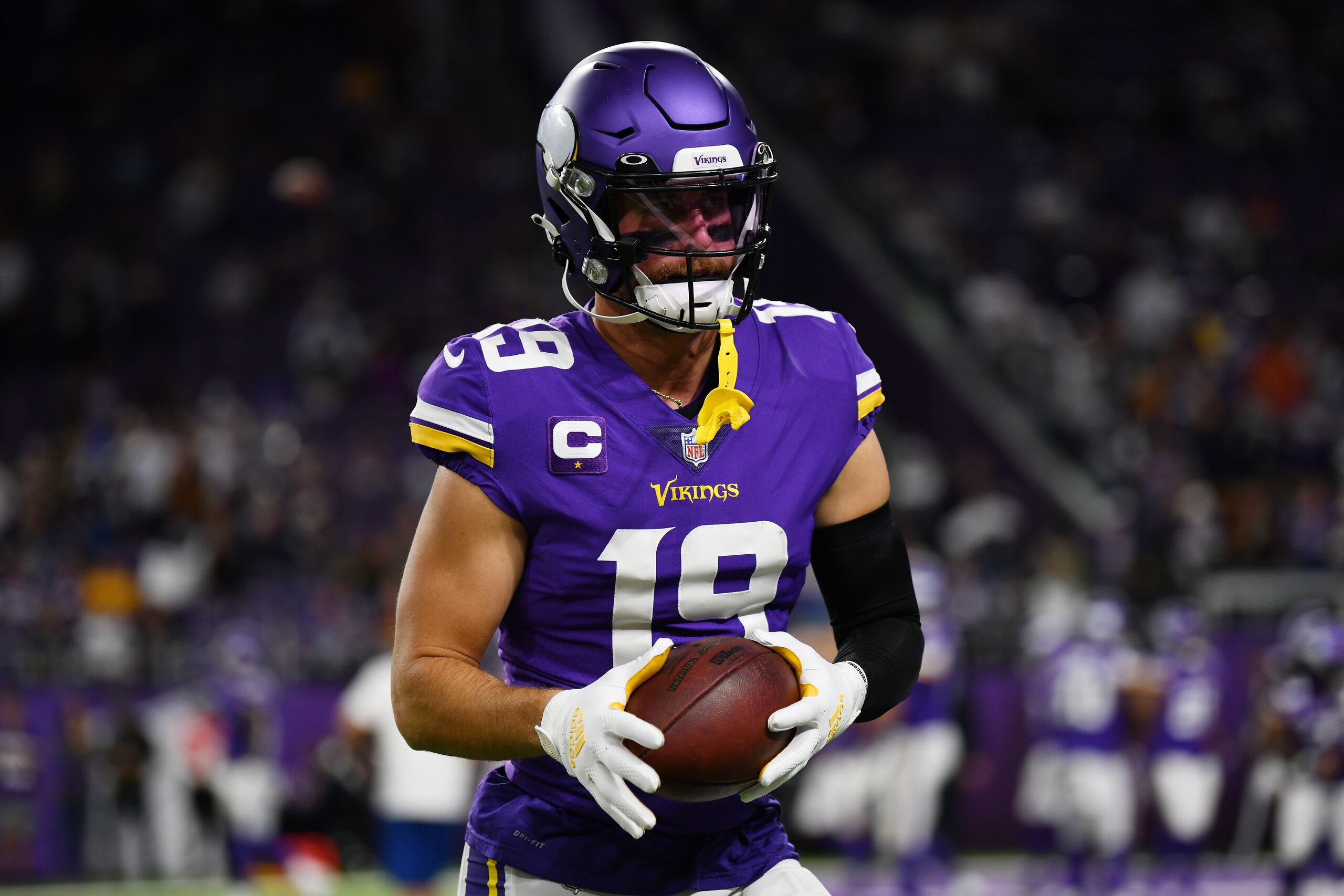 MINNEAPOLIS, MINNESOTA - OCTOBER 31: Adam Thielen #19 of the Minnesota Vikings warms up \ at U.S. Bank Stadium on October 31, 2021 in Minneapolis, Minnesota. (Photo by Stephen Maturen/Getty Images)