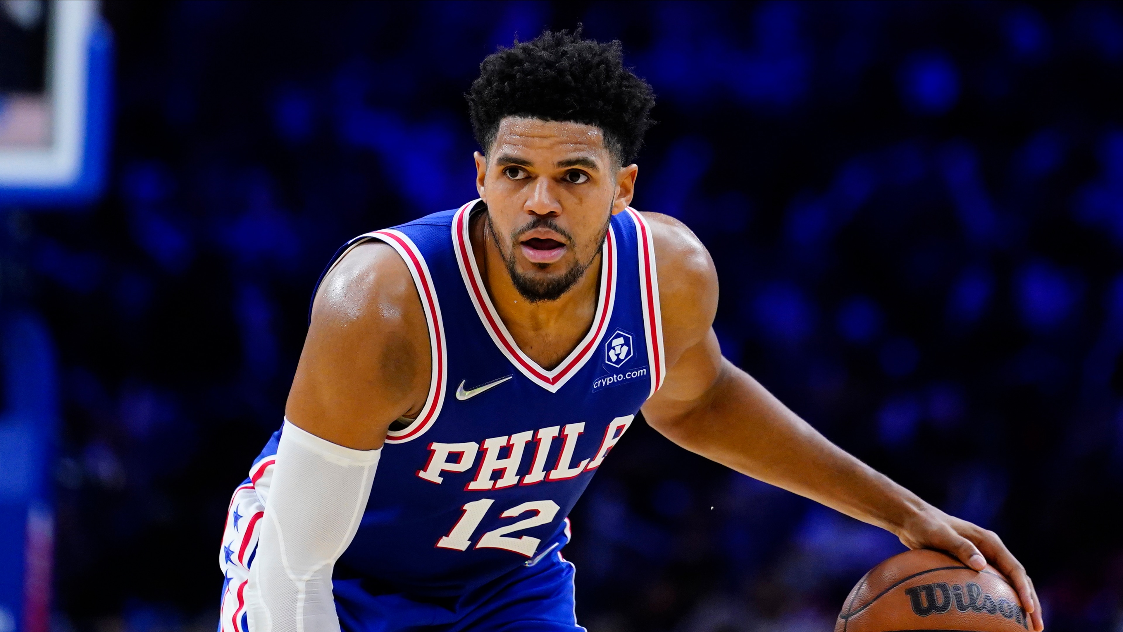 Philadelphia 76ers' Tobias Harris plays during an NBA basketball game, Saturday, Oct. 30, 2021, in Philadelphia. (AP Photo/Matt Slocum)