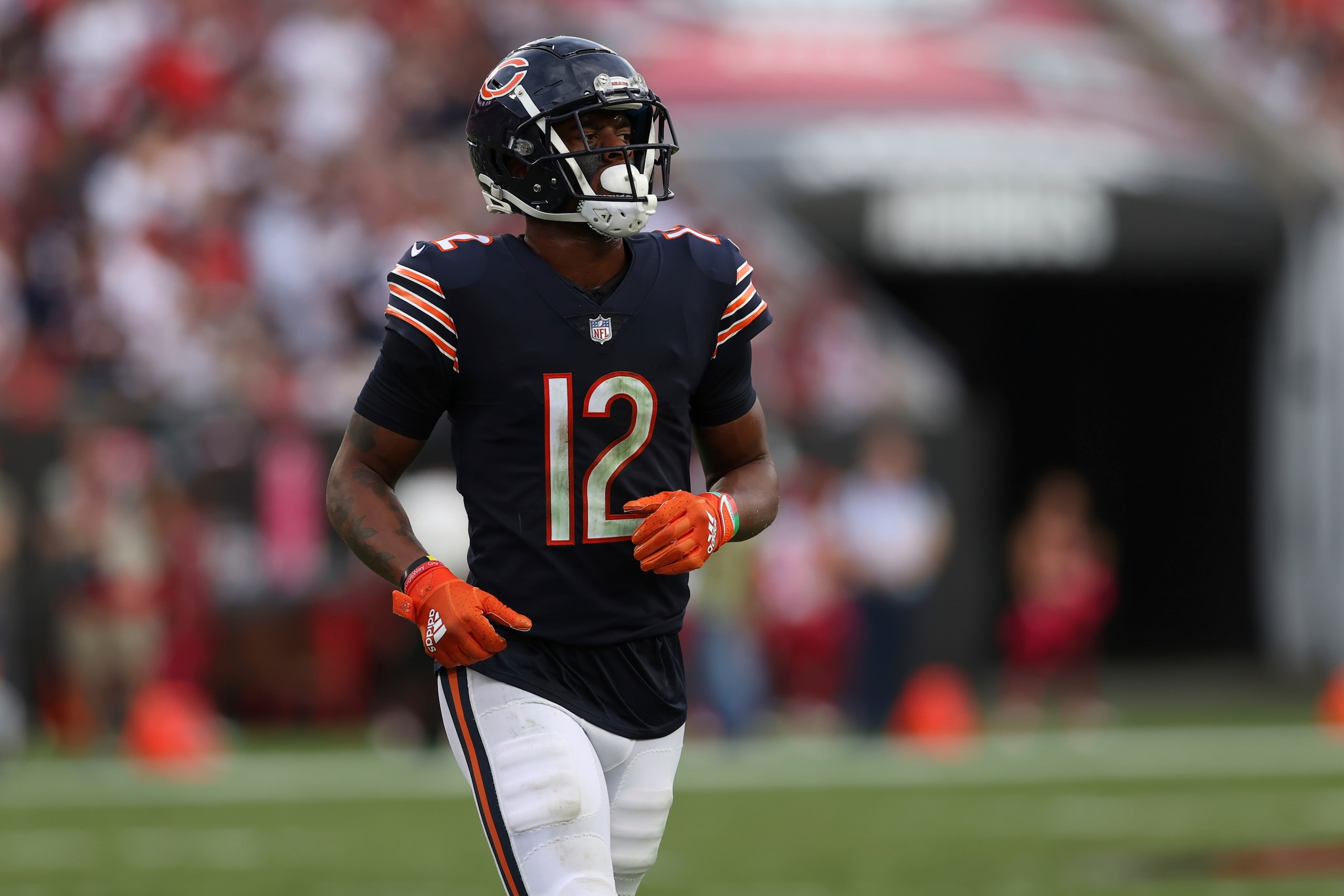 Chicago Bears wide receiver Allen Robinson (12) during the first half of an NFL football game against the Tampa Bay Buccaneers Sunday, Oct. 24, 2021, in Tampa, Fla. (AP Photo/Mark LoMoglio)