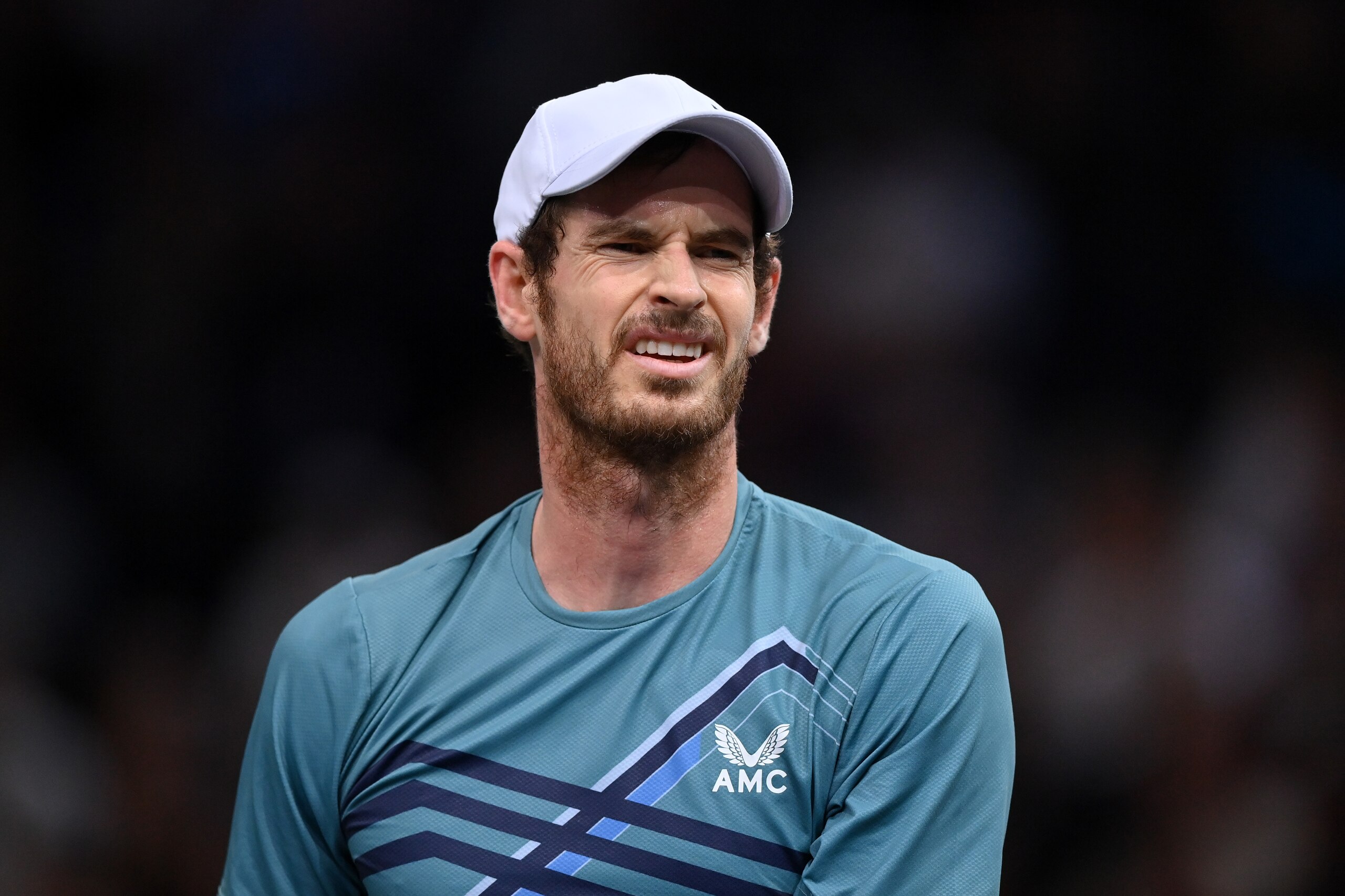 PARIS, FRANCE - NOVEMBER 01: Andy Murray of Great Britain reacts during his singles match against Dominik Koepfer of Germany during Day One of the Rolex Paris Masters at AccorHotels Arena on November 01, 2021 in Paris, France. (Photo by Justin Setterfield/Getty Images)