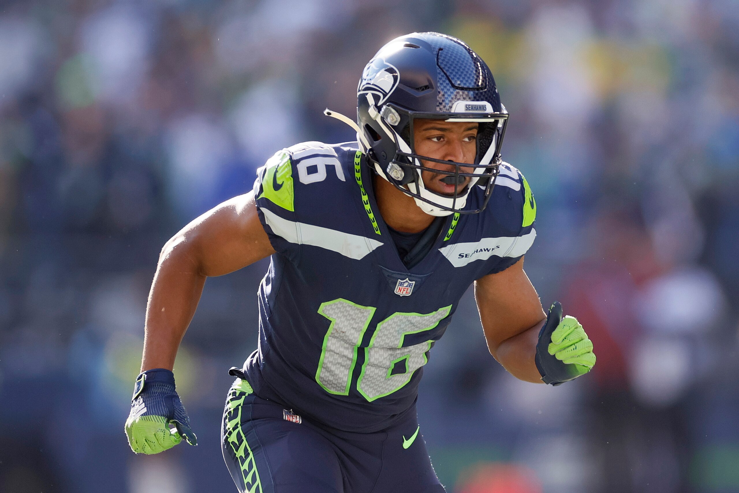 SEATTLE, WASHINGTON - OCTOBER 31: Tyler Lockett #16 of the Seattle Seahawks in action against the Jacksonville Jaguars during the second quarter at Lumen Field on October 31, 2021 in Seattle, Washington. (Photo by Steph Chambers/Getty Images)