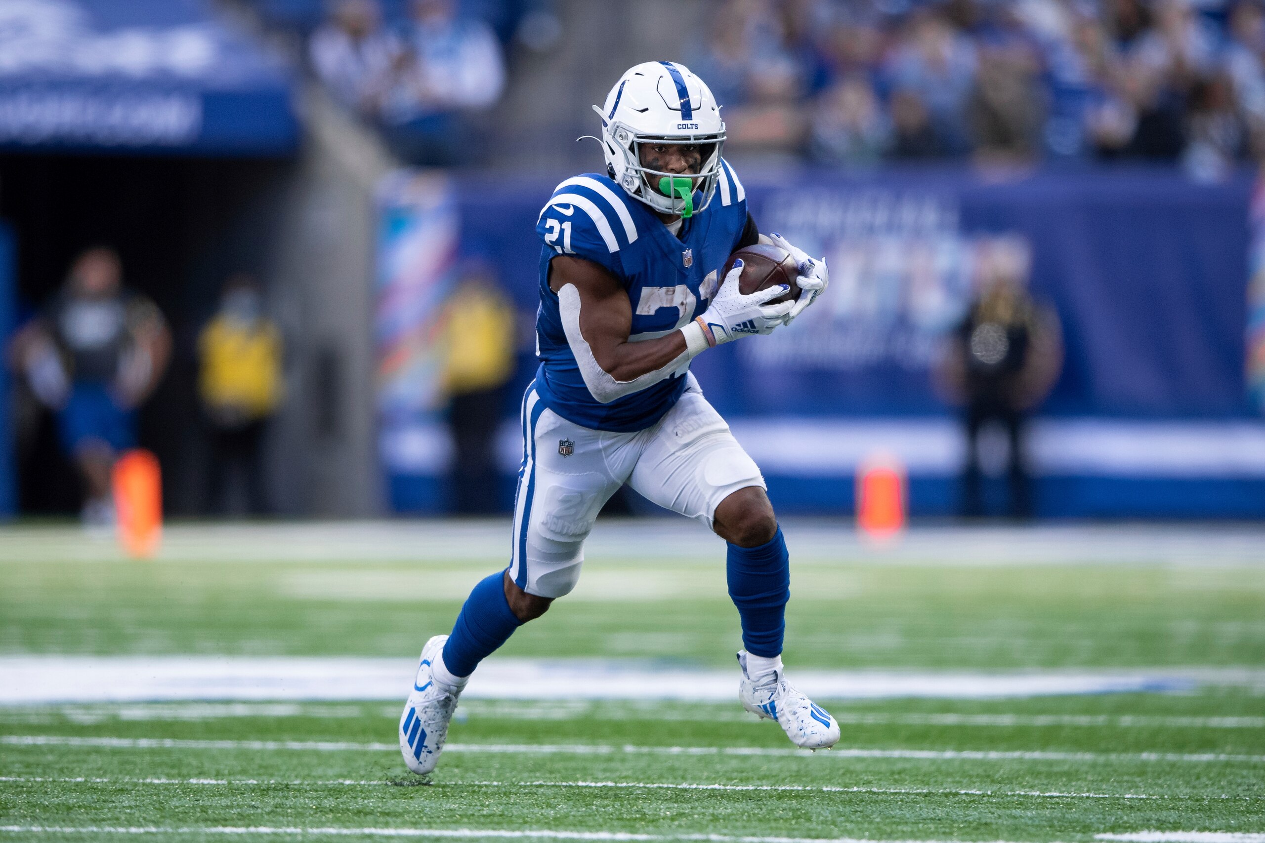 Indianapolis Colts running back Nyheim Hines (21) runs to the outside during an NFL football game against the Houston Texans, Sunday, Oct. 17, 2021, in Indianapolis. (AP Photo/Zach Bolinger) Indianapolis Colts running back Nyheim Hines (21) runs to the outside during an NFL football game against the Houston Texans, Sunday, Oct. 17, 2021, in Indianapolis. (AP Photo/Zach Bolinger)