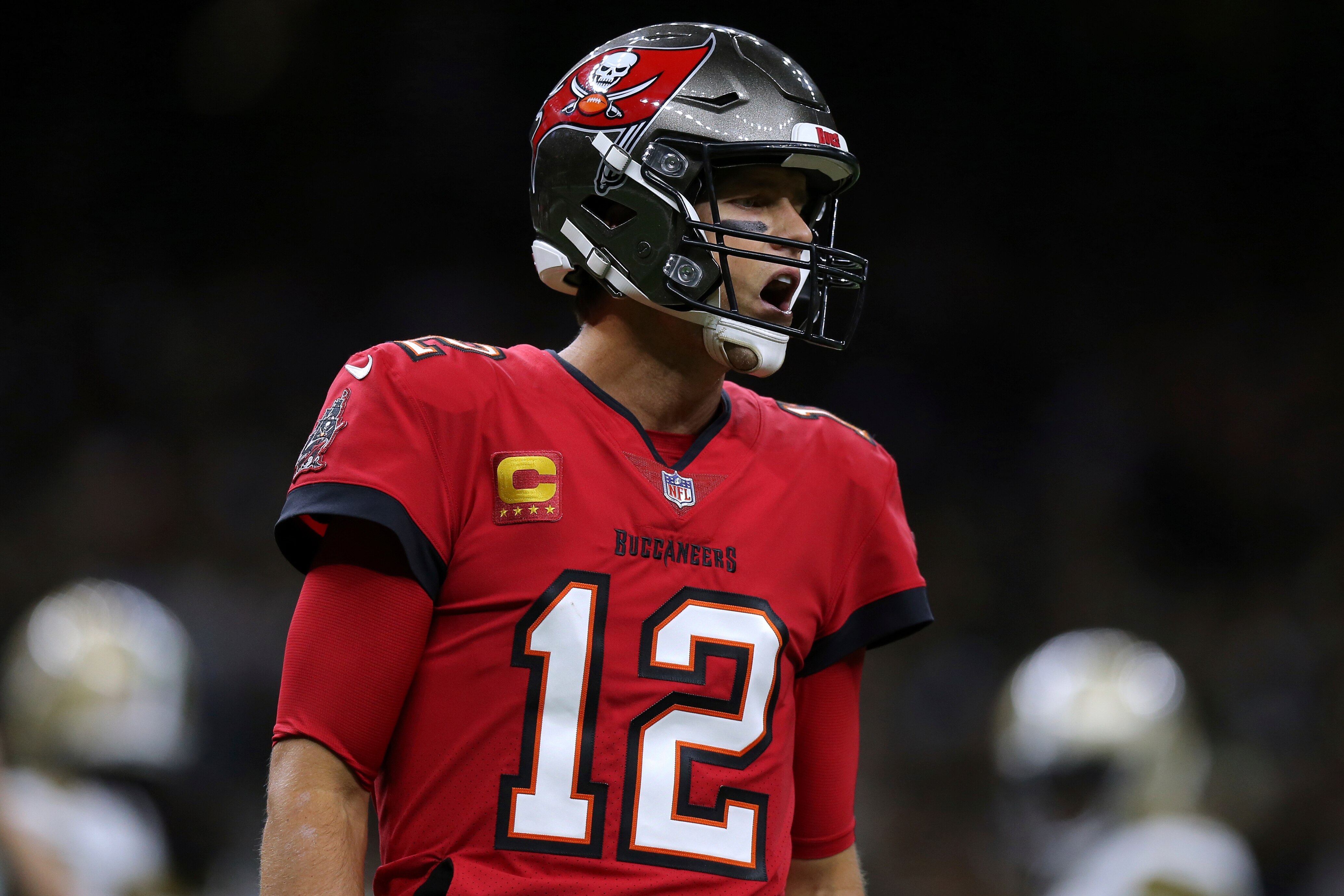 Tampa Bay Buccaneers quarterback Tom Brady (12) reacts during the first half of an NFL football game against the New Orleans Saints, Sunday, Oct. 31, 2021, in New Orleans. (AP Photo/Jonathan Bachman)