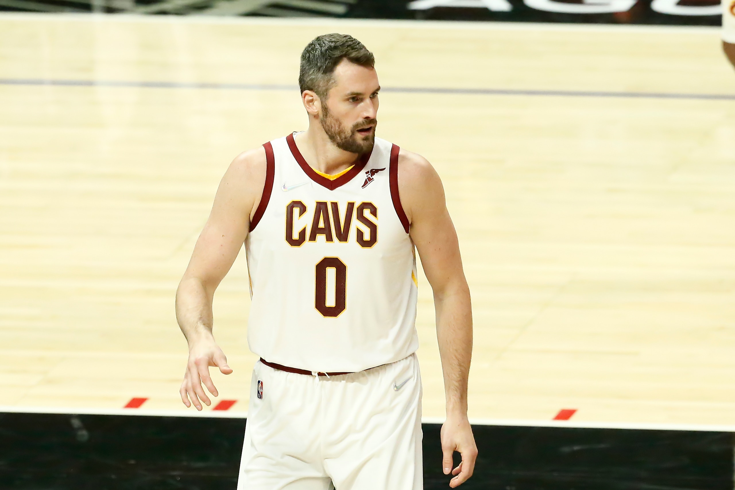 LOS ANGELES, CA - OCTOBER 27: Kevin Love #0 of the Cleveland Cavaliers looks on during a game at the STAPLES Center on October 27, 2021 in Los Angeles, California. NOTE TO USER: User expressly acknowledges and agrees that, by downloading and or using this photograph, User is consenting to the terms and conditions of the Getty Images License Agreement. Mandatory Credit: 2021 NBAE (Photo by Chris Elise/NBAE via Getty Images)