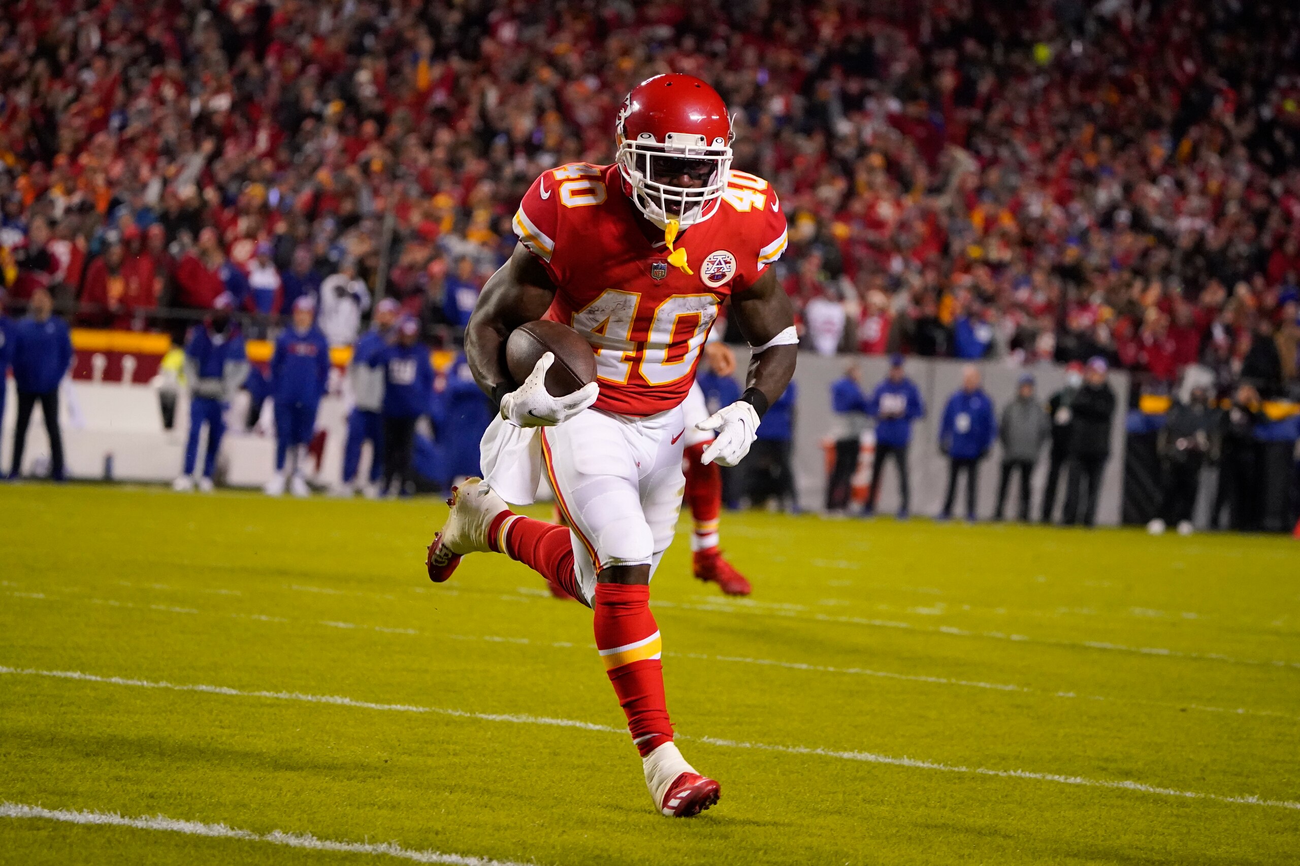 Kansas City Chiefs running back Derrick Gore scores on a touchdown run during the first half of an NFL football game against the New York Giants Monday, Nov. 1, 2021, in Kansas City, Mo. (AP Photo/Ed Zurga) Kansas City Chiefs running back Derrick Gore scores on a touchdown run during the first half of an NFL football game against the New York Giants Monday, Nov. 1, 2021, in Kansas City, Mo. (AP Photo/Ed Zurga)