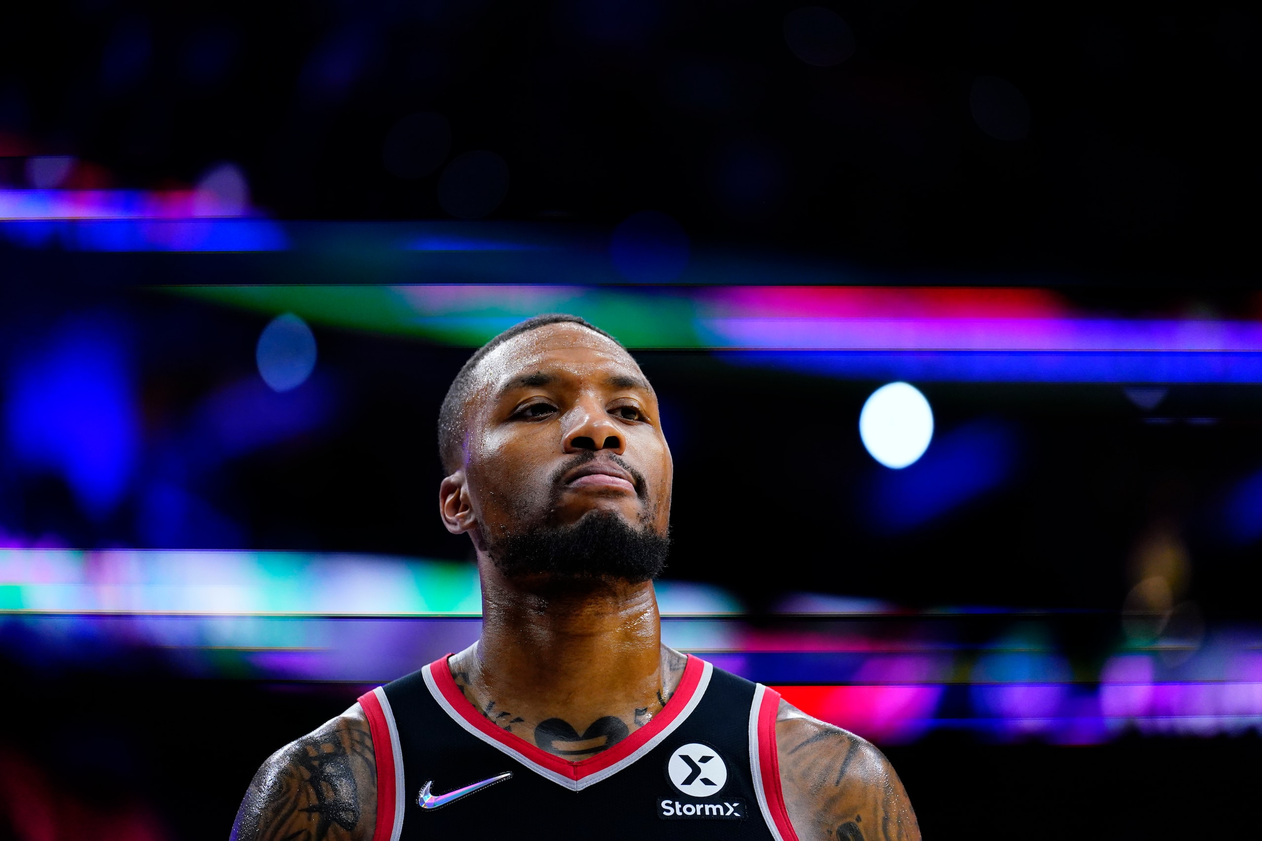 Portland Trail Blazers' Damian Lillard plays during an NBA basketball game, Monday, Nov. 1, 2021, in Philadelphia. (AP Photo/Matt Slocum)