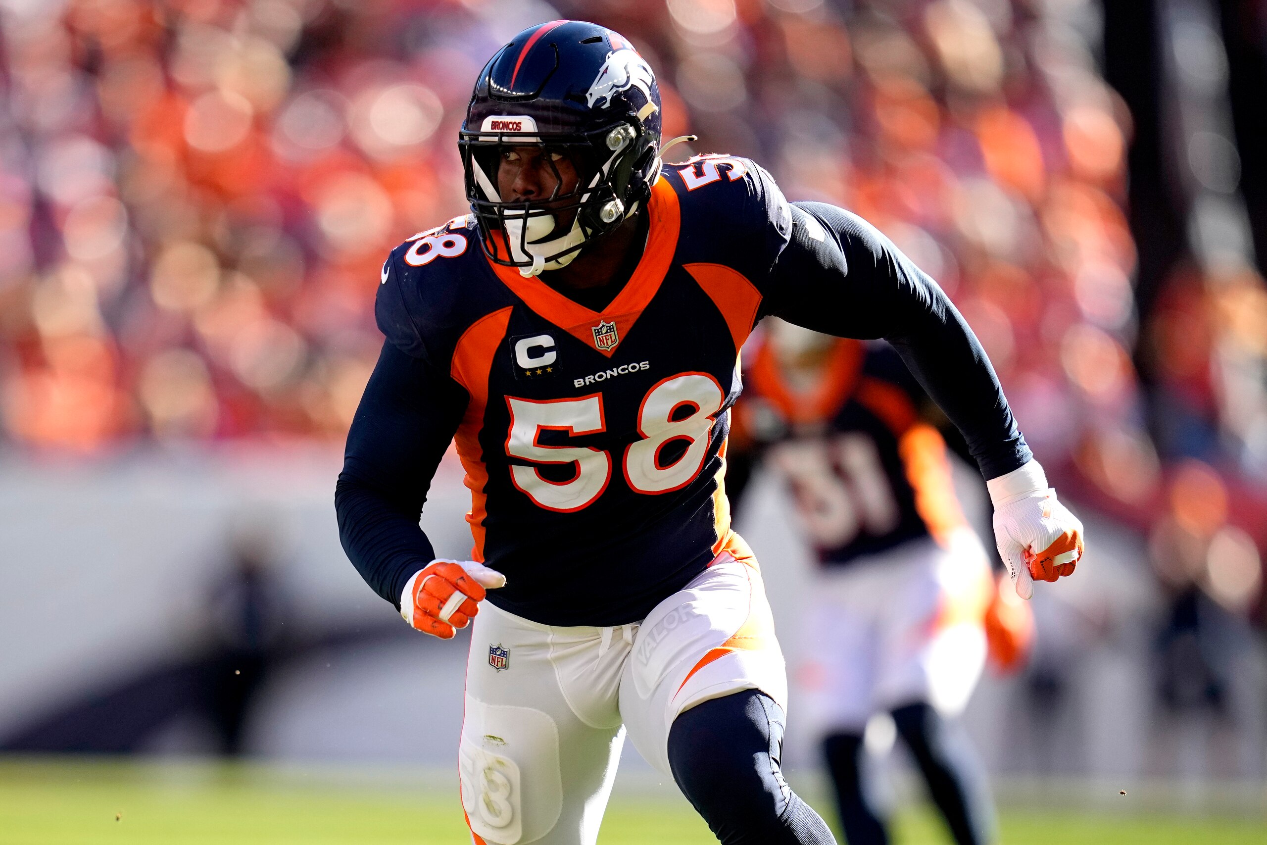 Denver Broncos outside linebacker Von Miller (58) against the Las Vegas Raiders during the first half of an NFL football game, Sunday, Oct. 17, 2021, in Denver. (AP Photo/Jack Dempsey)