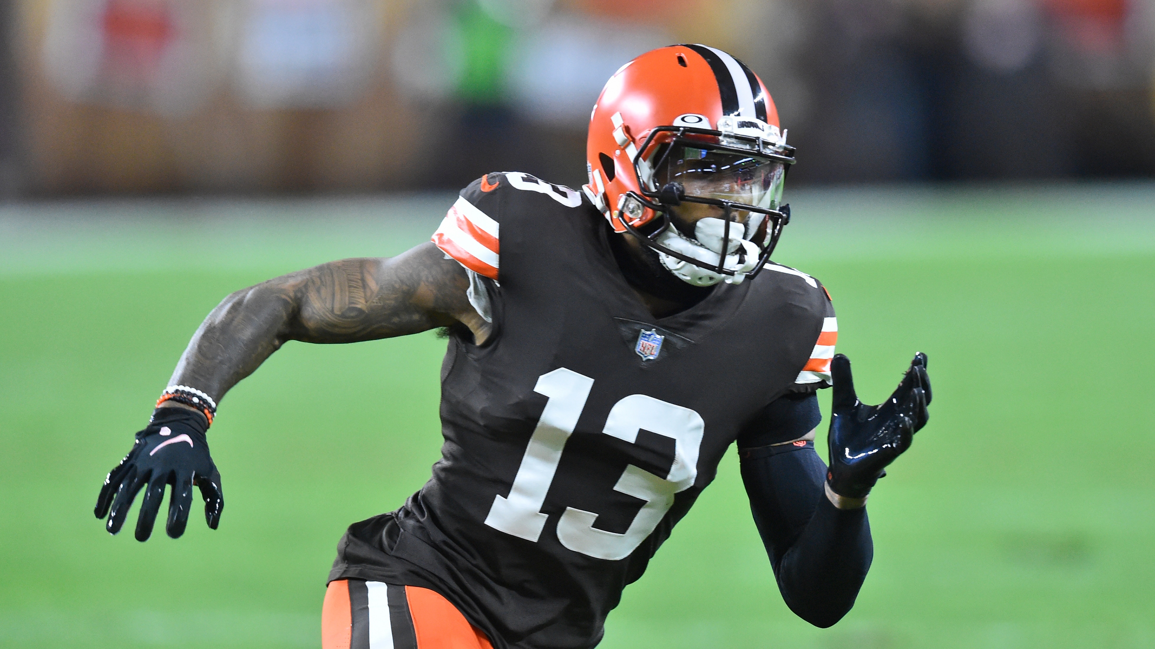 Cleveland Browns wide receiver Odell Beckham Jr. runs a route during the first half of an NFL football game against the Denver Broncos, Thursday, Oct. 21, 2021, in Cleveland. (AP Photo/David Richard)