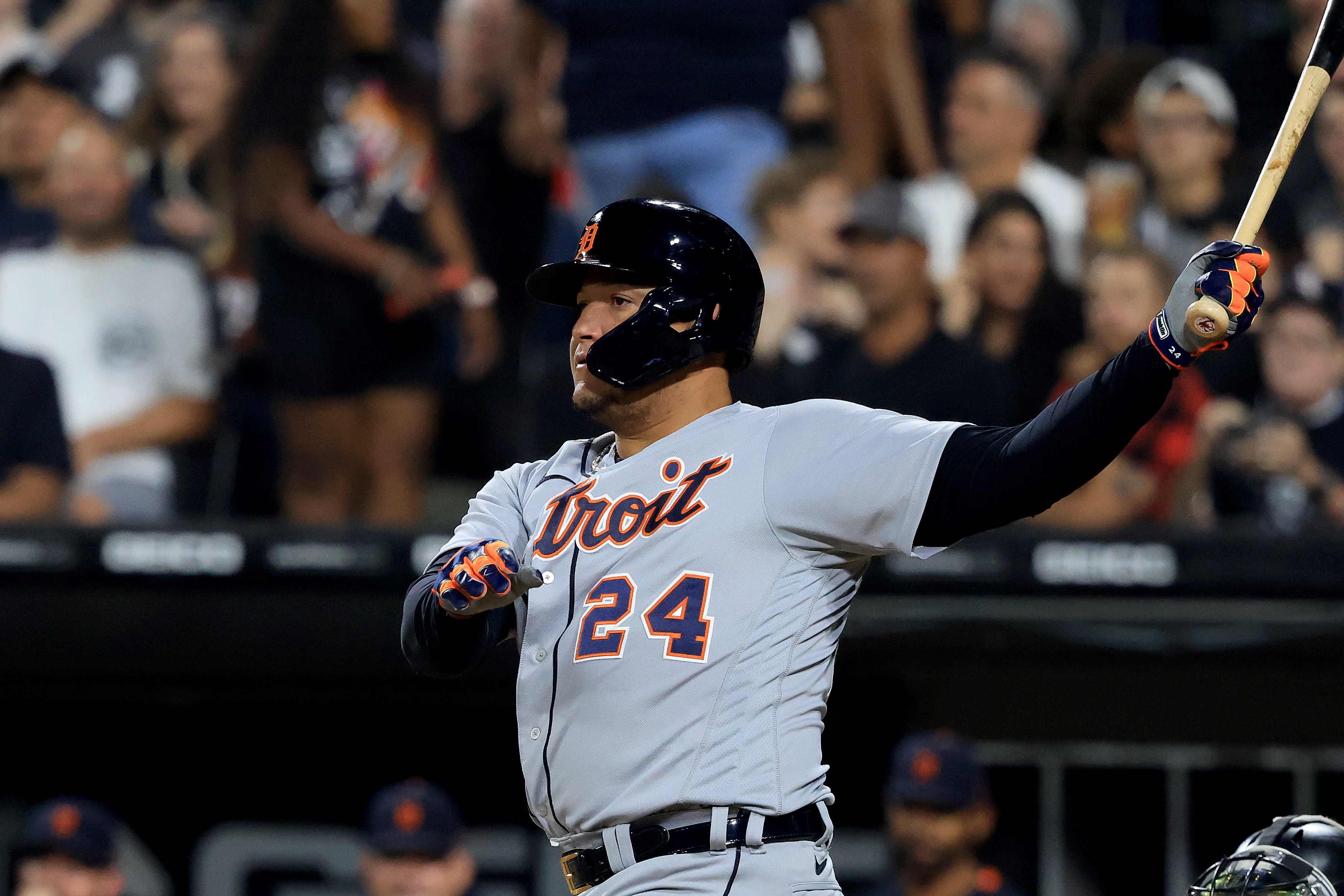 CHICAGO, ILLINOIS - OCTOBER 01: Miguel Cabrera #24 of the Detroit Tigers at bat in the game against the Chicago White Sox at Guaranteed Rate Field on October 01, 2021 in Chicago, Illinois. (Photo by Justin Casterline/Getty Images)