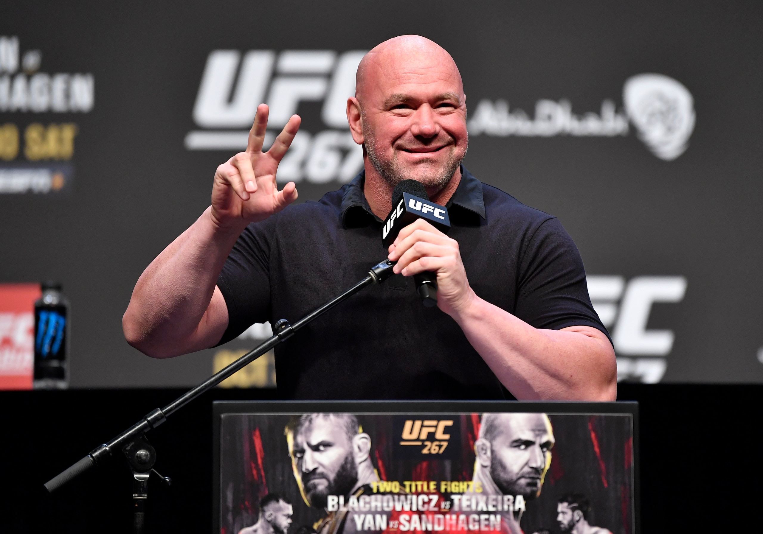 ABU DHABI, UNITED ARAB EMIRATES - OCTOBER 28: UFC president Dana White hosts the UFC 267 press conference at Etihad Arena on October 28, 2021 in Abu Dhabi, United Arab Emirates. (Photo by Chris Unger/Zuffa LLC)