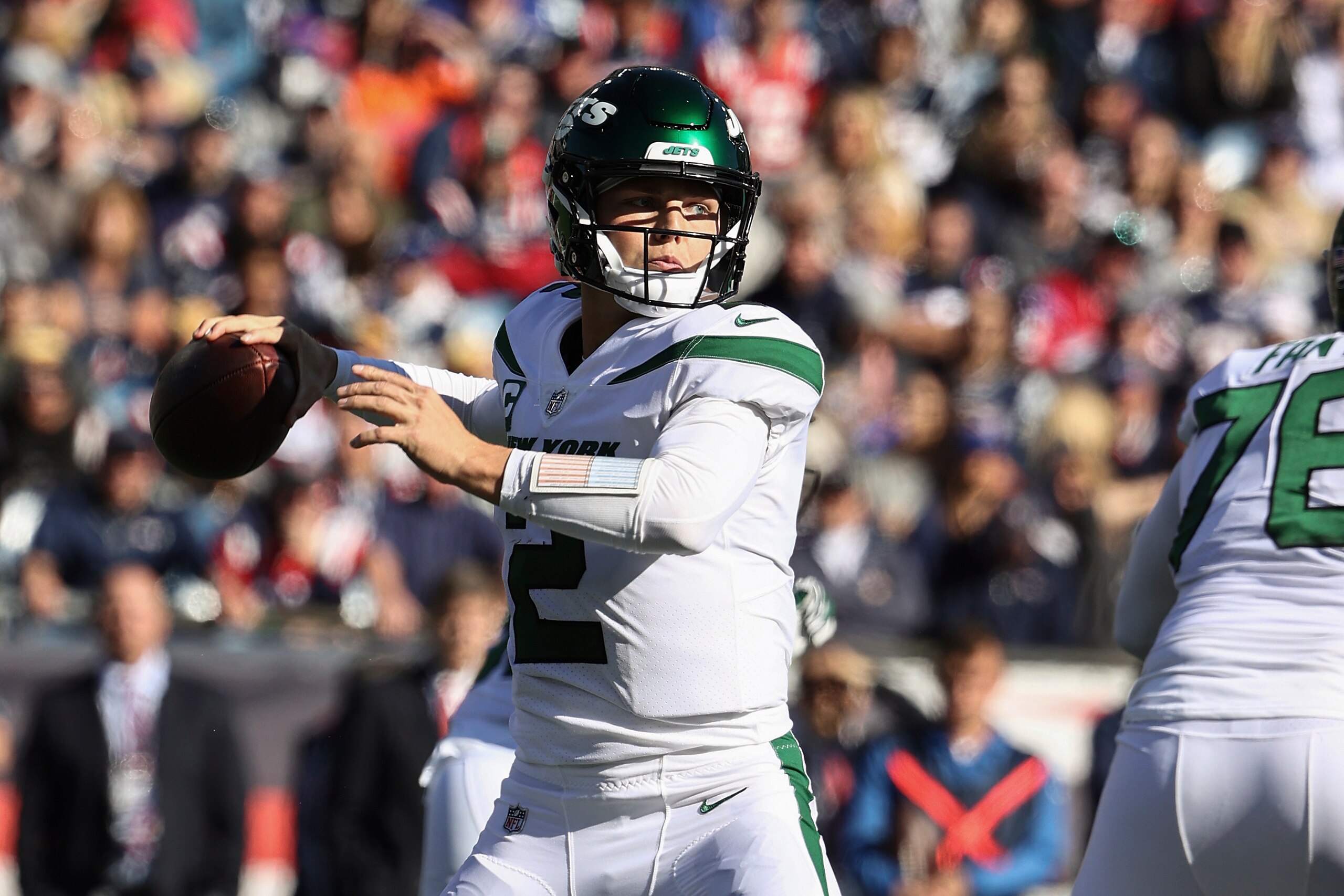 New York Jets quarterback Zach Wilson passes against the New England Patriots during an NFL football game at Gillette Stadium, Sunday, Oct. 24, 2021 in Foxborough, Mass. (Winslow Townson/AP Images for Panini)