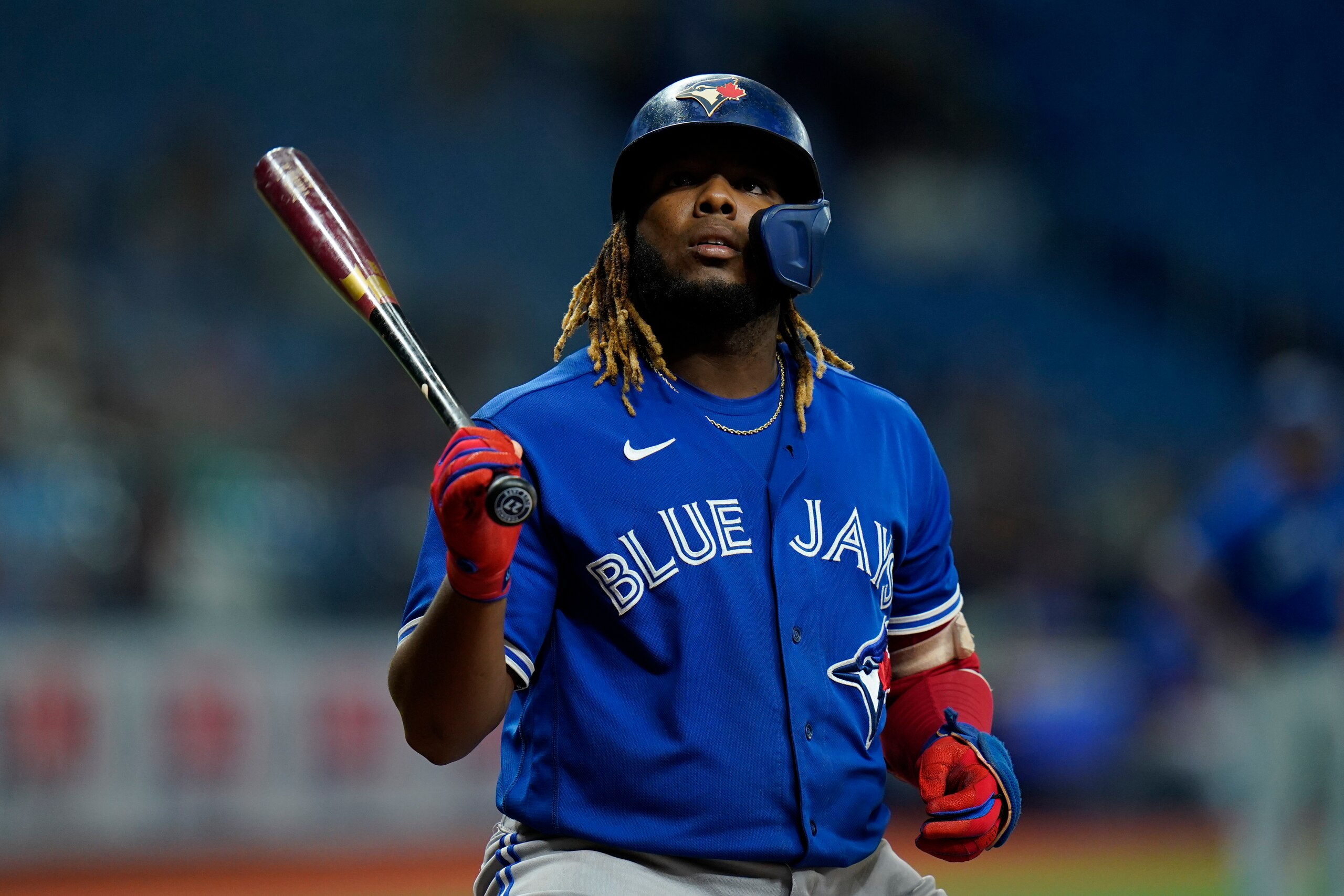 Toronto Blue Jays' Vladimir Guerrero Jr. bats against the Tampa Bay Rays during the ninth inning of a baseball game Monday, Sept. 20, 2021, in St. Petersburg, Fla. (AP Photo/Chris O'Meara) Toronto Blue Jays' Vladimir Guerrero Jr. bats against the Tampa Bay Rays during the ninth inning of a baseball game Monday, Sept. 20, 2021, in St. Petersburg, Fla. (AP Photo/Chris O'Meara)
