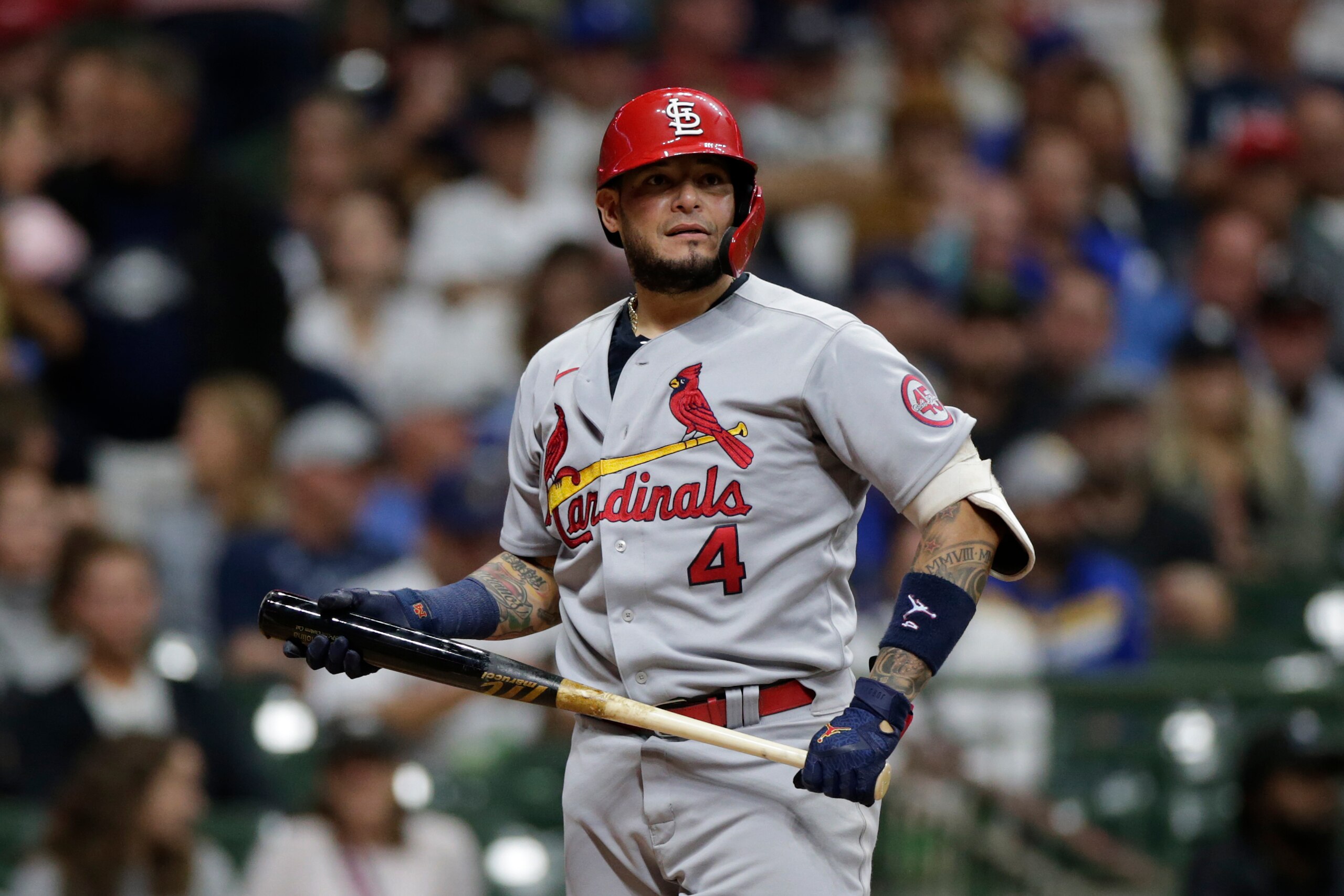 MILWAUKEE, WISCONSIN - SEPTEMBER 21: Yadier Molina #4 of the St. Louis Cardinals up to bat against the Milwaukee Brewers at American Family Field on September 21, 2021 in Milwaukee, Wisconsin. Cardinals defeated the Brewers 2-1. (Photo by John Fisher/Getty Images)