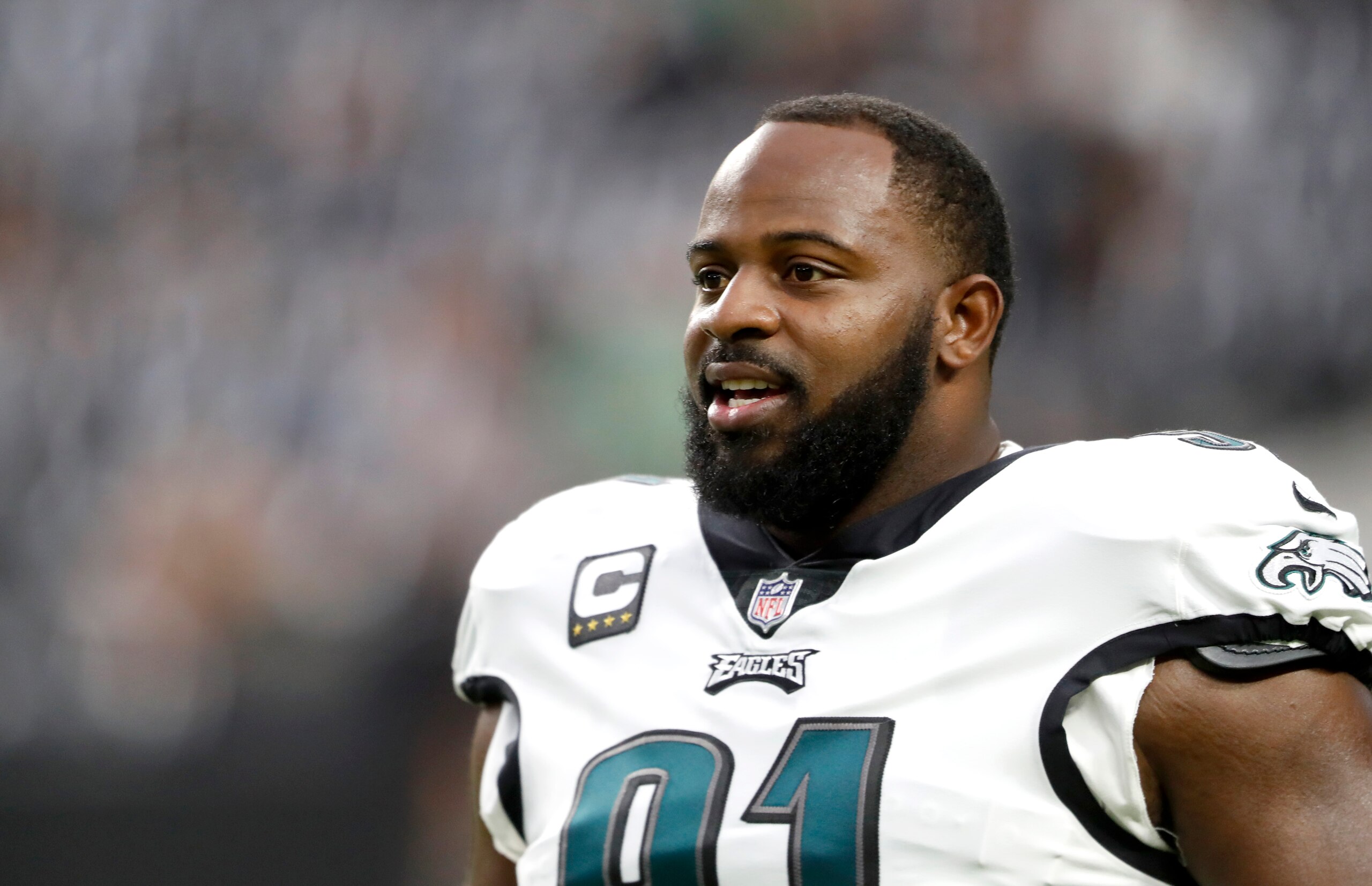 LAS VEGAS, NEVADA - OCTOBER 24: Defensive tackle Fletcher Cox #91 of the Philadelphia Eagles is shown during warmups before a game against the Las Vegas Raiders at Allegiant Stadium on October 24, 2021 in Las Vegas, Nevada. (Photo by Steve Marcus/Getty Images) LAS VEGAS, NEVADA - OCTOBER 24: Defensive tackle Fletcher Cox #91 of the Philadelphia Eagles is shown during warmups before a game against the Las Vegas Raiders at Allegiant Stadium on October 24, 2021 in Las Vegas, Nevada. (Photo by Steve Marcus/Getty Images)