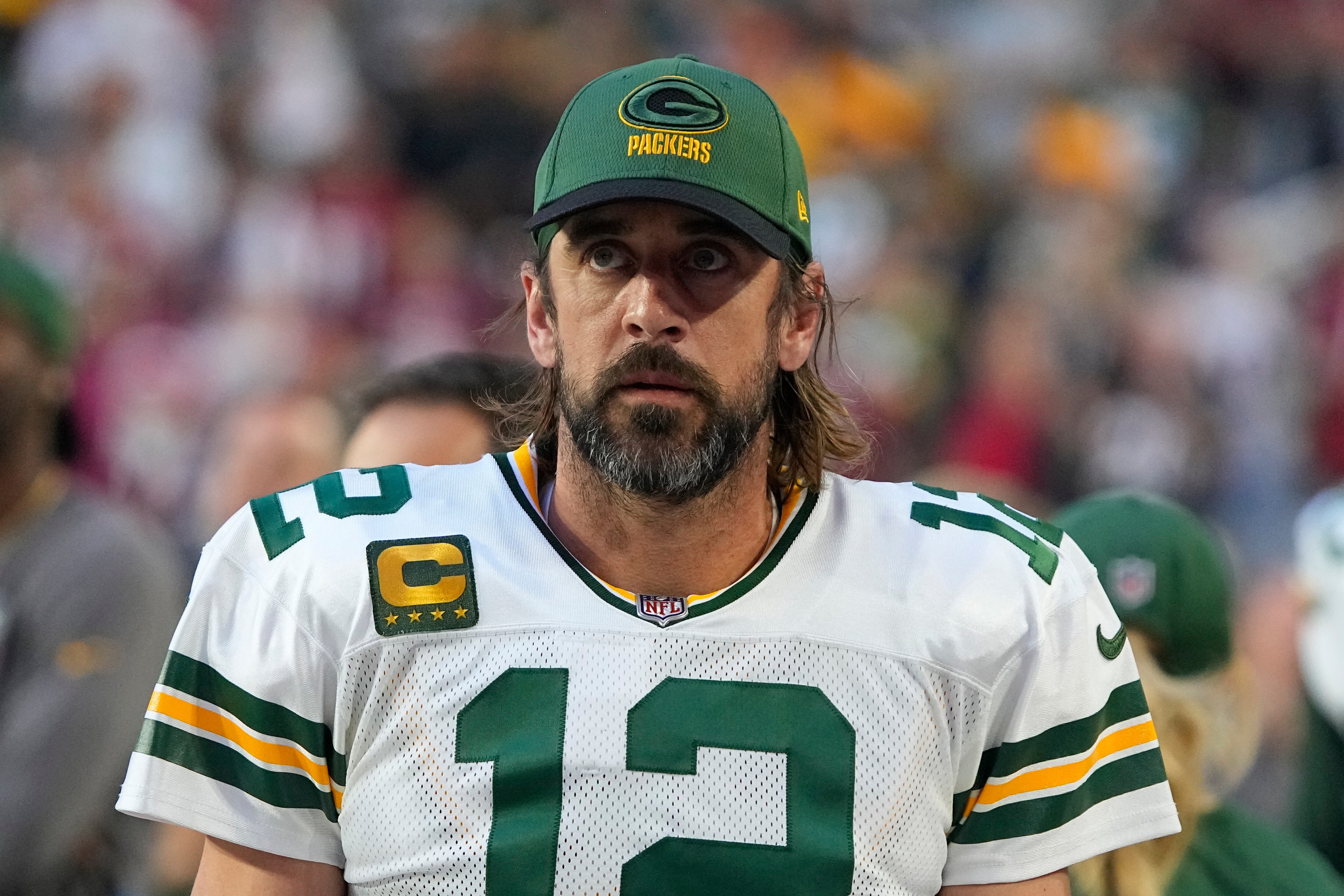 Green Bay Packers quarterback Aaron Rodgers (12) during the first half of an NFL football game against the Arizona Cardinals, Thursday, Oct. 28, 2021, in Glendale, Ariz. (AP Photo/Rick Scuteri)