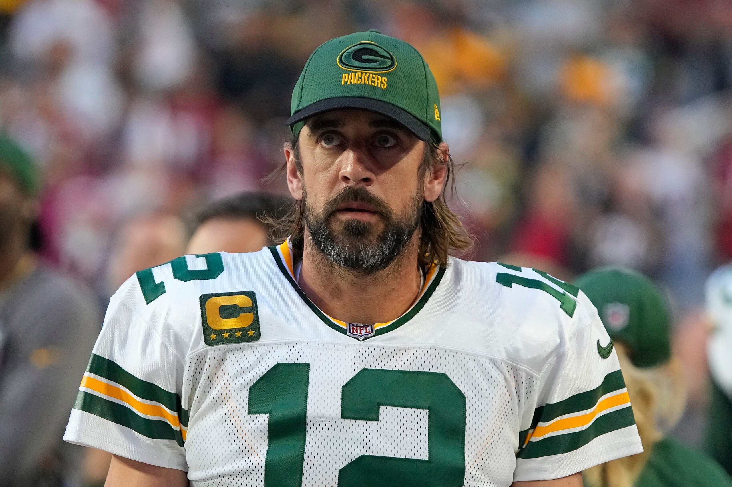 Green Bay Packers quarterback Aaron Rodgers (12) during the first half of an NFL football game against the Arizona Cardinals, Thursday, Oct. 28, 2021, in Glendale, Ariz. (AP Photo/Rick Scuteri)