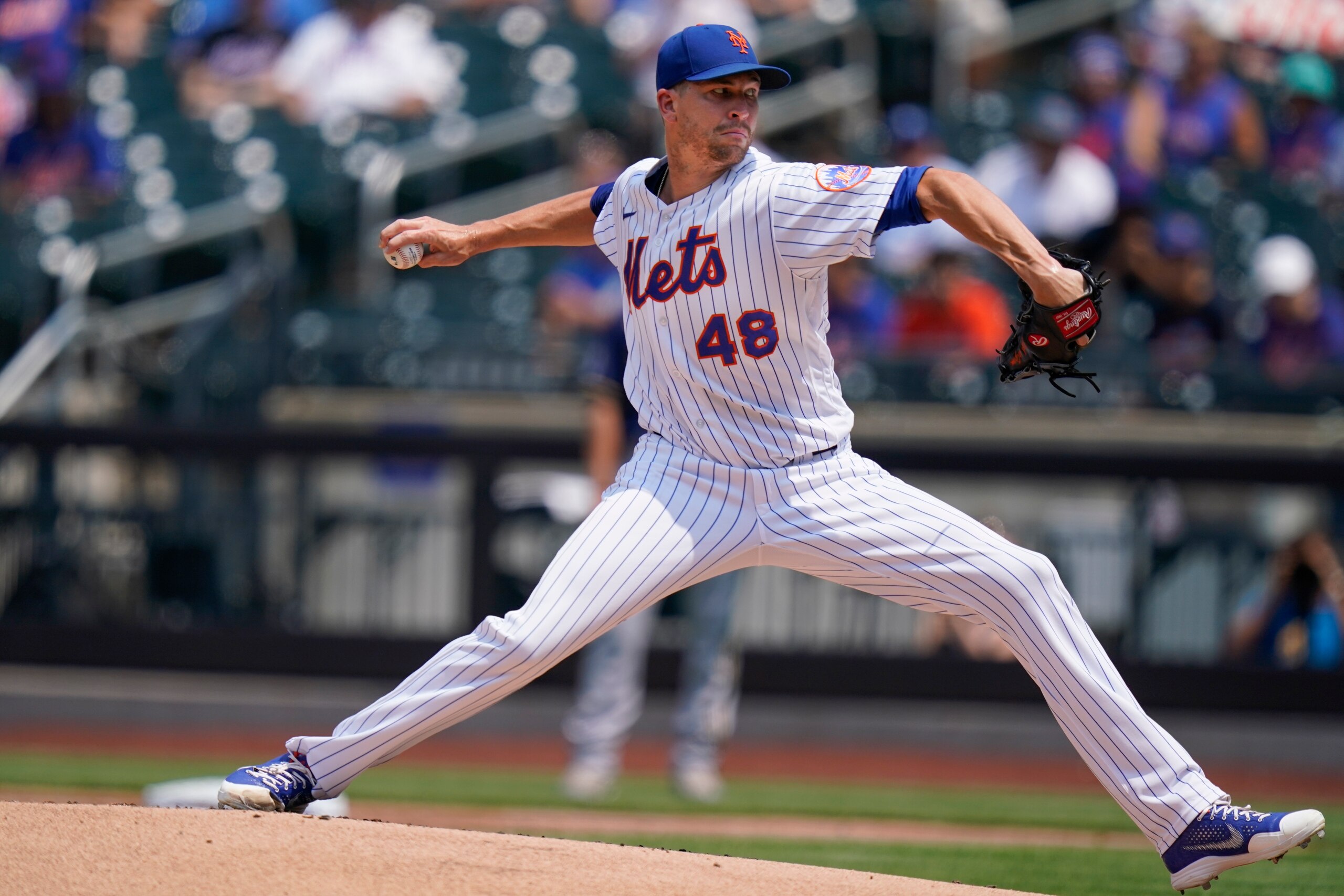 New York Mets' Jacob deGrom delivers a pitch during the first inning of the first baseball game of a doubleheader against the Milwaukee Brewers Wednesday, July 7, 2021, in New York. (AP Photo/Frank Franklin II) New York Mets' Jacob deGrom delivers a pitch during the first inning of the first baseball game of a doubleheader against the Milwaukee Brewers Wednesday, July 7, 2021, in New York. (AP Photo/Frank Franklin II)