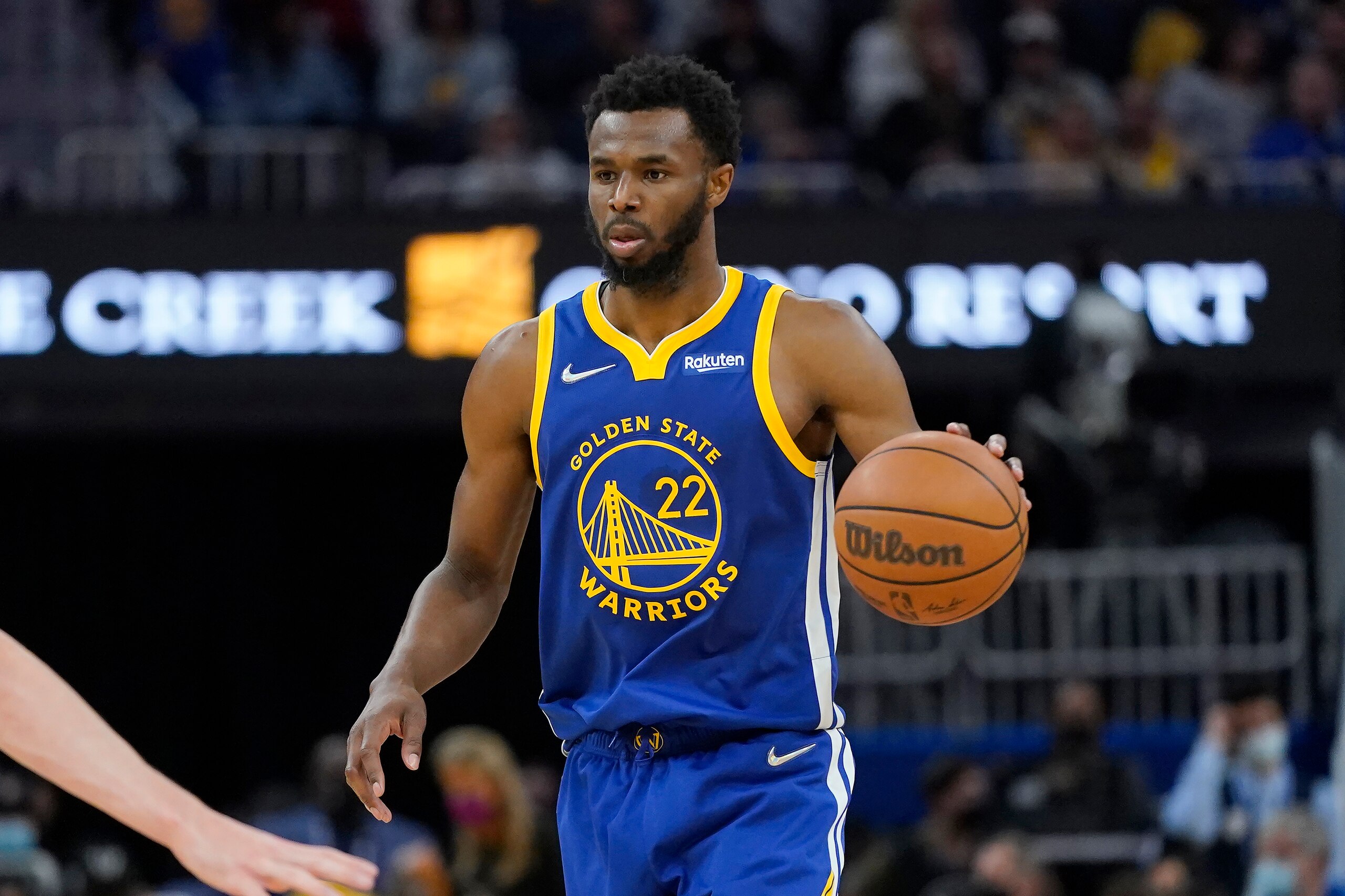 Golden State Warriors forward Andrew Wiggins (22) against the Oklahoma City Thunder during an NBA basketball game in San Francisco, Saturday, Oct. 30, 2021. (AP Photo/Jeff Chiu) Golden State Warriors forward Andrew Wiggins (22) against the Oklahoma City Thunder during an NBA basketball game in San Francisco, Saturday, Oct. 30, 2021. (AP Photo/Jeff Chiu)