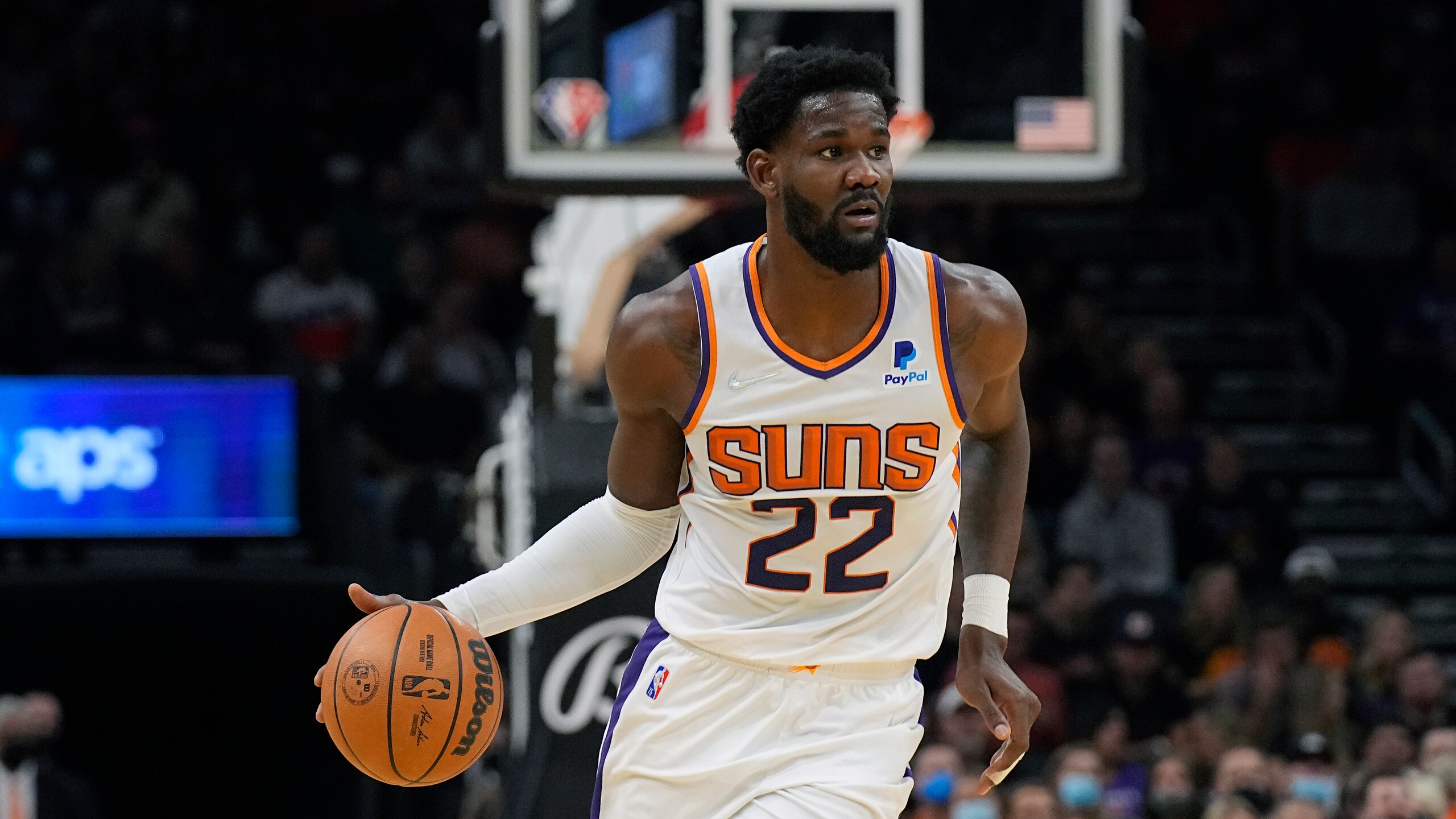 Phoenix Suns center Deandre Ayton (22) during the first half of an NBA basketball game against the Sacramento Kings, Wednesday, Oct. 27, 2021, in Phoenix. (AP Photo/Rick Scuteri)