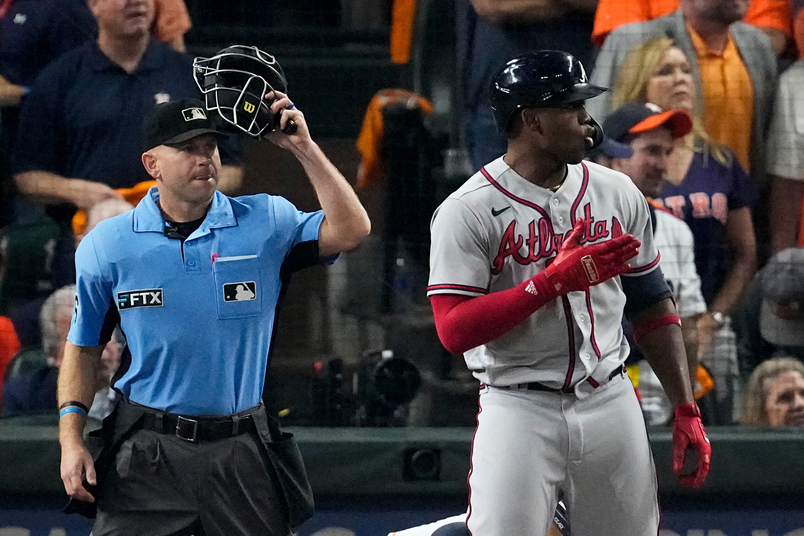 Atlanta Braves' Jorge Soler celebrates a three-run home run during the third inning in Game 6 of baseball's World Series between the Houston Astros and the Atlanta Braves Tuesday, Nov. 2, 2021, in Houston. (AP Photo/Sue Ogrocki)