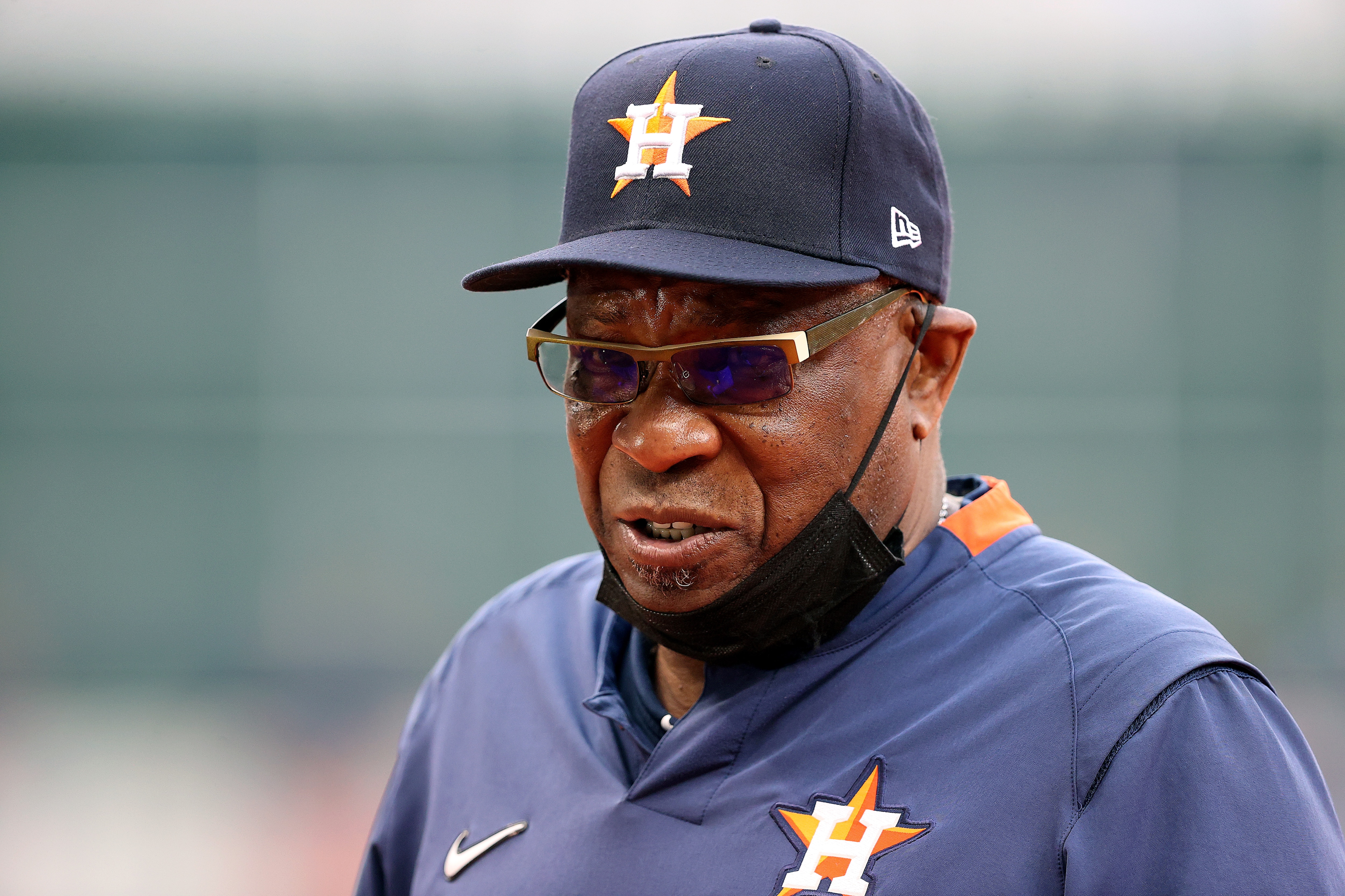 HOUSTON, TEXAS - NOVEMBER 02:  Manager Dusty Baker Jr. #12 of the Houston Astros looks on prior to Game Six of the World Series against the Atlanta Braves at Minute Maid Park on November 02, 2021 in Houston, Texas. (Photo by Bob Levey/Getty Images)
