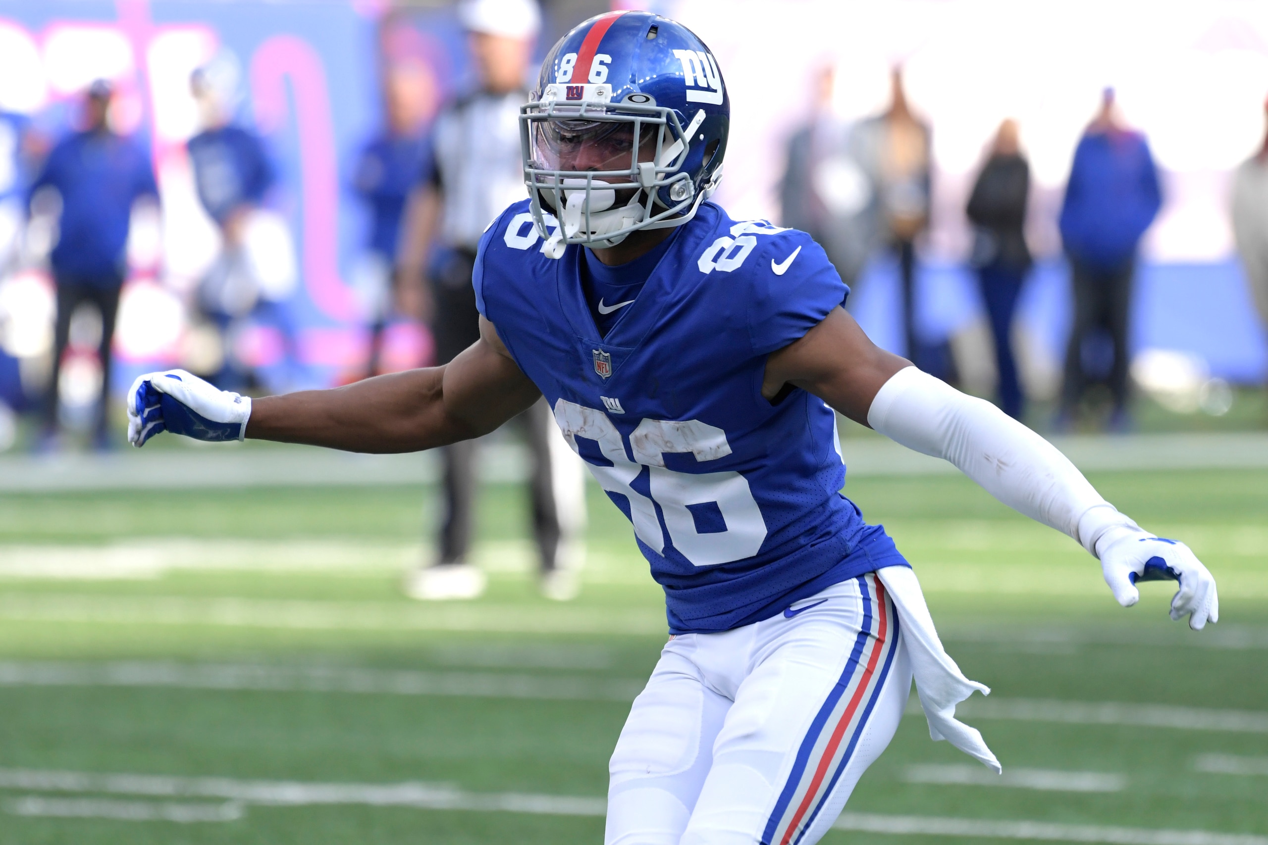 New York Giants wide receiver Darius Slayton (86) during the second half of an NFL football game against the Carolina Panthers Sunday, Oct. 24, 2021, in East Rutherford, N.J. (AP Photo/Bill Kostroun)