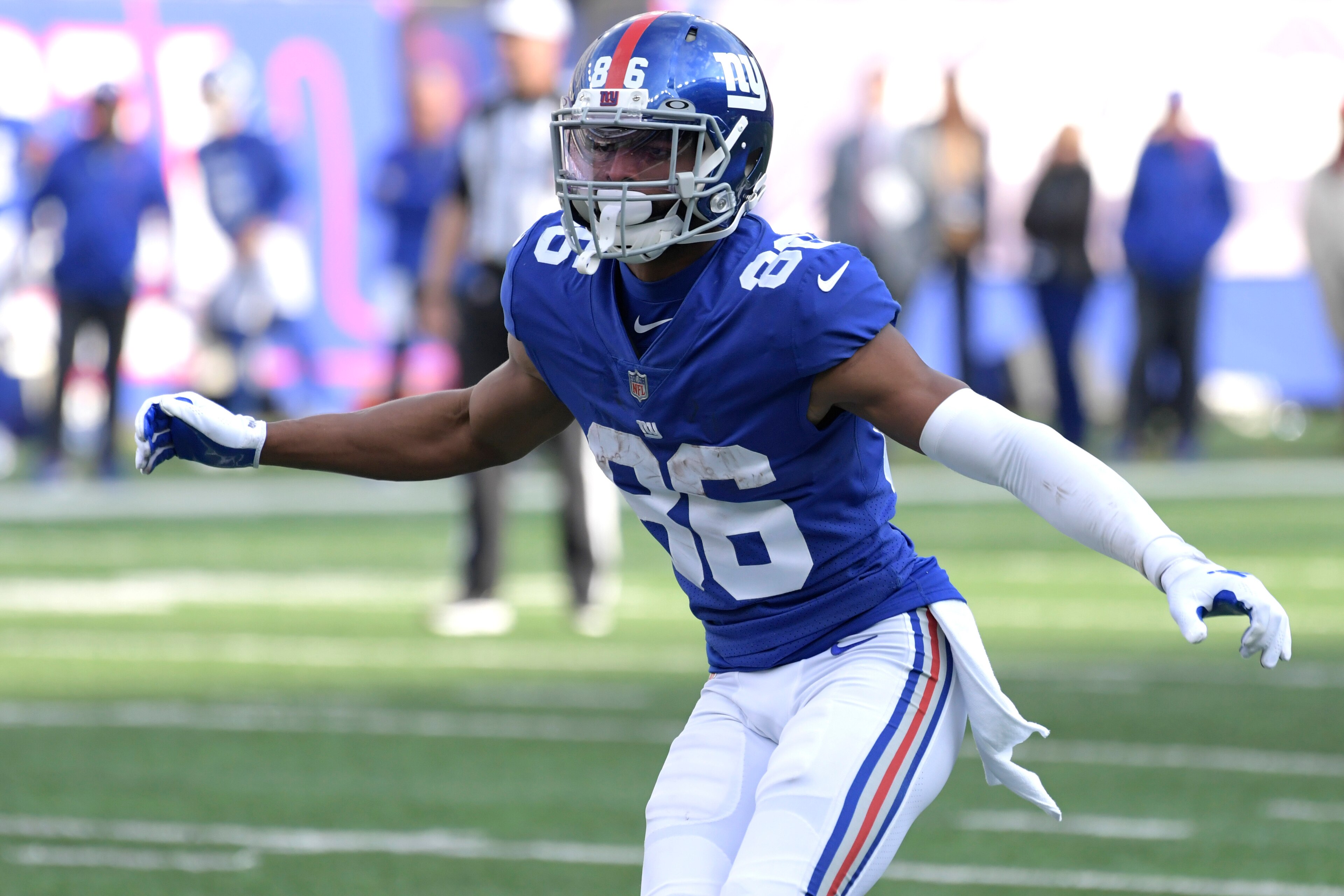 New York Giants wide receiver Darius Slayton (86) during the second half of an NFL football game against the Carolina Panthers Sunday, Oct. 24, 2021, in East Rutherford, N.J. (AP Photo/Bill Kostroun) New York Giants wide receiver Darius Slayton (86) during the second half of an NFL football game against the Carolina Panthers Sunday, Oct. 24, 2021, in East Rutherford, N.J. (AP Photo/Bill Kostroun)