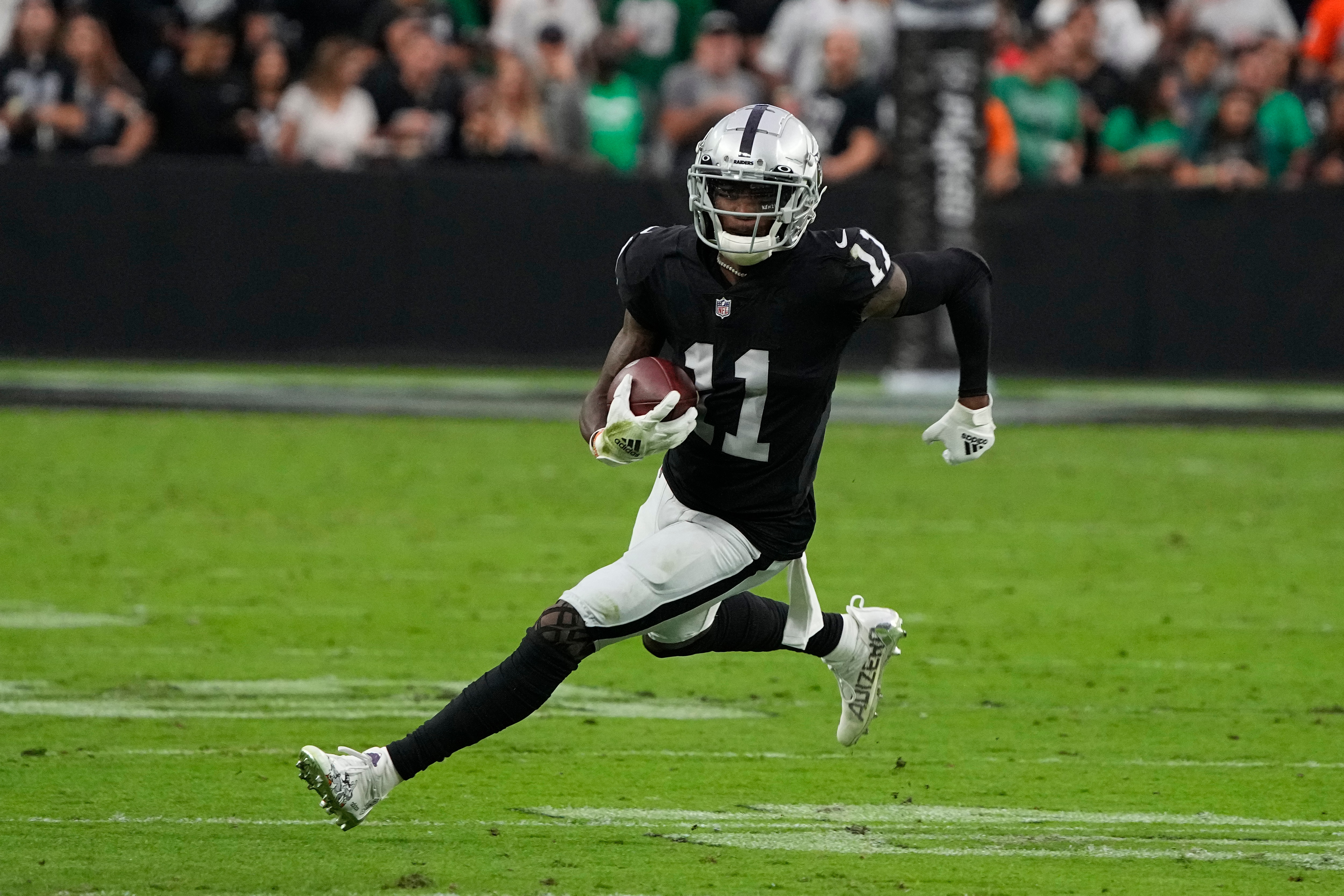 Las Vegas Raiders wide receiver Henry Ruggs III (11) during the second half of an NFL football game against the Philadelphia Eagles, Sunday, Oct. 24, 2021, in Las Vegas. (AP Photo/Rick Scuteri)