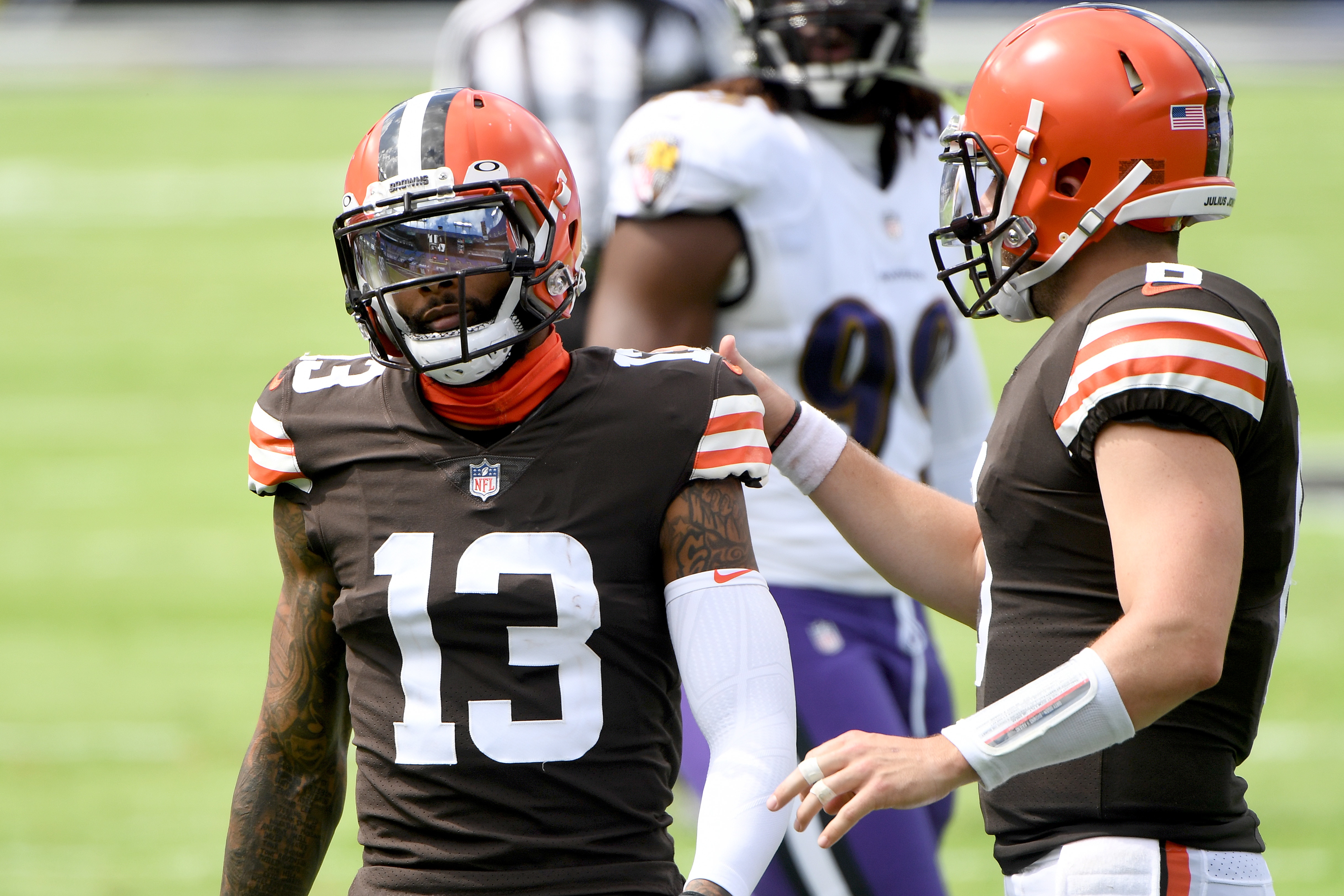 BALTIMORE, MARYLAND - SEPTEMBER 13: Odell Beckham Jr. #13 and Baker Mayfield #6 of the Cleveland Browns talk during the game against the Baltimore Ravens at M&T Bank Stadium on September 13, 2020 in Baltimore, Maryland. (Photo by Will Newton/Getty Images)