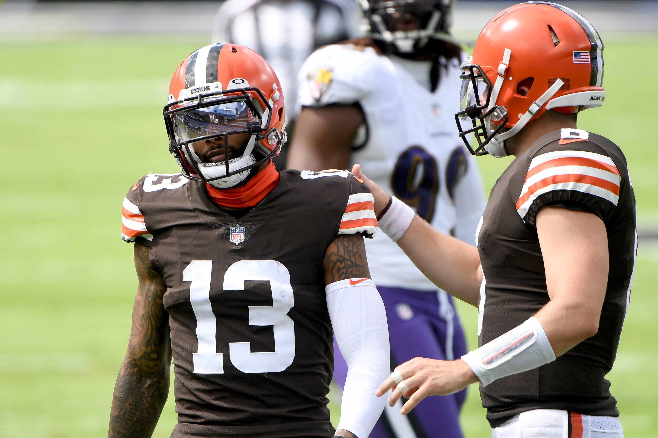 BALTIMORE, MARYLAND - SEPTEMBER 13: Odell Beckham Jr. #13 and Baker Mayfield #6 of the Cleveland Browns talk during the game against the Baltimore Ravens at M&T Bank Stadium on September 13, 2020 in Baltimore, Maryland. (Photo by Will Newton/Getty Images)