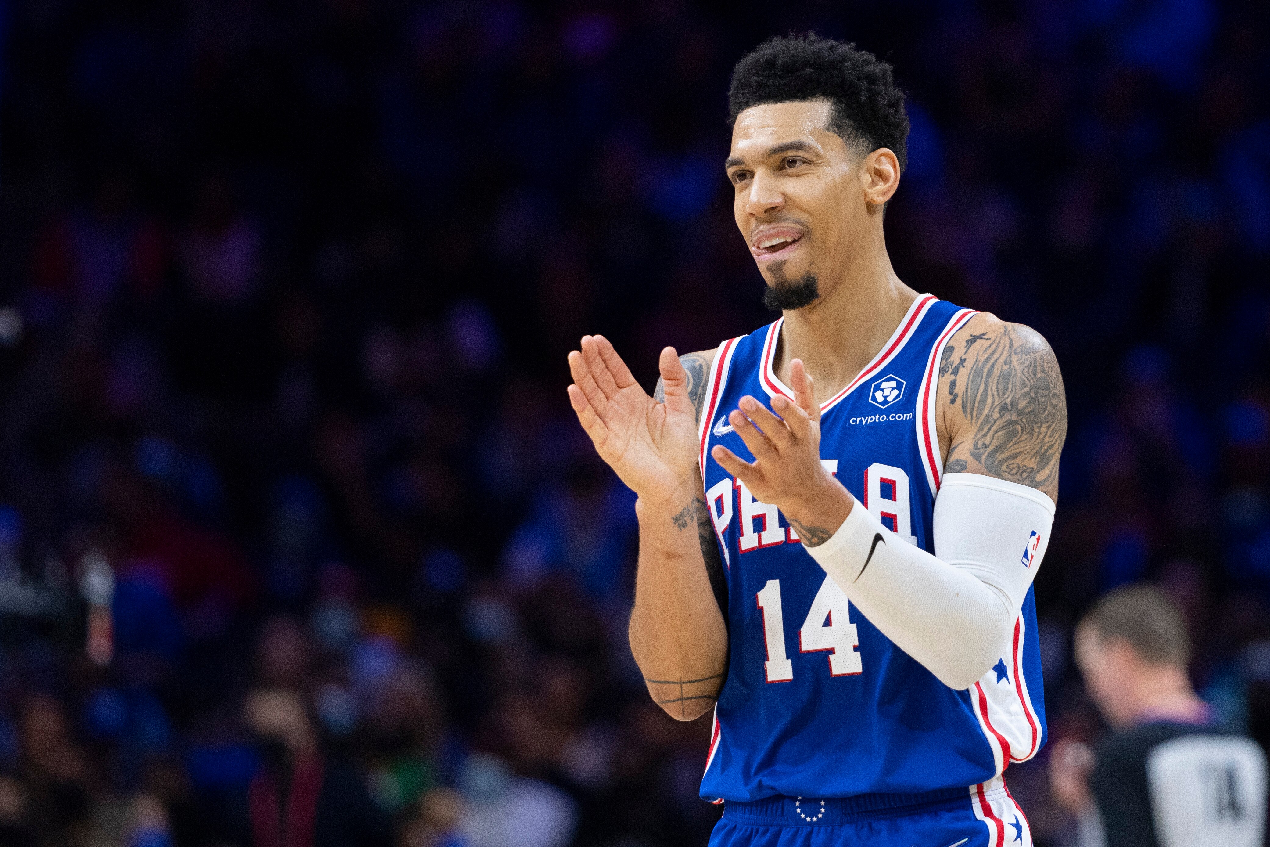 PHILADELPHIA, PA - OCTOBER 30: Danny Green #14 of the Philadelphia 76ers reacts against the Atlanta Hawks in the second half at the Wells Fargo Center on October 30, 2021 in Philadelphia, Pennsylvania. The 76ers defeated the Hawks 122-94. NOTE TO USER: User expressly acknowledges and agrees that, by downloading and or using this photograph, User is consenting to the terms and conditions of the Getty Images License Agreement. (Photo by Mitchell Leff/Getty Images) PHILADELPHIA, PA - OCTOBER 30: Danny Green #14 of the Philadelphia 76ers reacts against the Atlanta Hawks in the second half at the Wells Fargo Center on October 30, 2021 in Philadelphia, Pennsylvania. The 76ers defeated the Hawks 122-94. NOTE TO USER: User expressly acknowledges and agrees that, by downloading and or using this photograph, User is consenting to the terms and conditions of the Getty Images License Agreement. (Photo by Mitchell Leff/Getty Images)