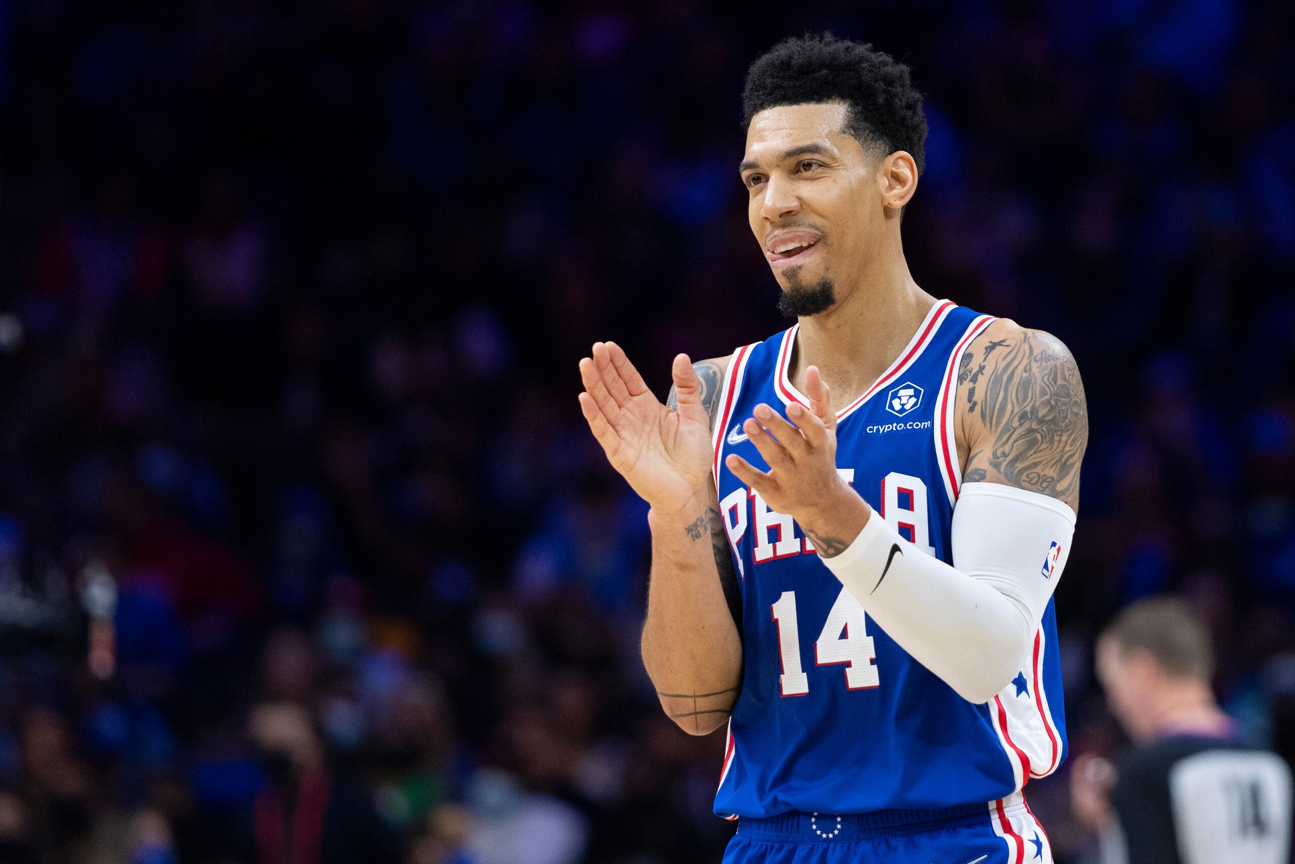 PHILADELPHIA, PA - OCTOBER 30: Danny Green #14 of the Philadelphia 76ers reacts against the Atlanta Hawks in the second half at the Wells Fargo Center on October 30, 2021 in Philadelphia, Pennsylvania. The 76ers defeated the Hawks 122-94. NOTE TO USER: User expressly acknowledges and agrees that, by downloading and or using this photograph, User is consenting to the terms and conditions of the Getty Images License Agreement. (Photo by Mitchell Leff/Getty Images)