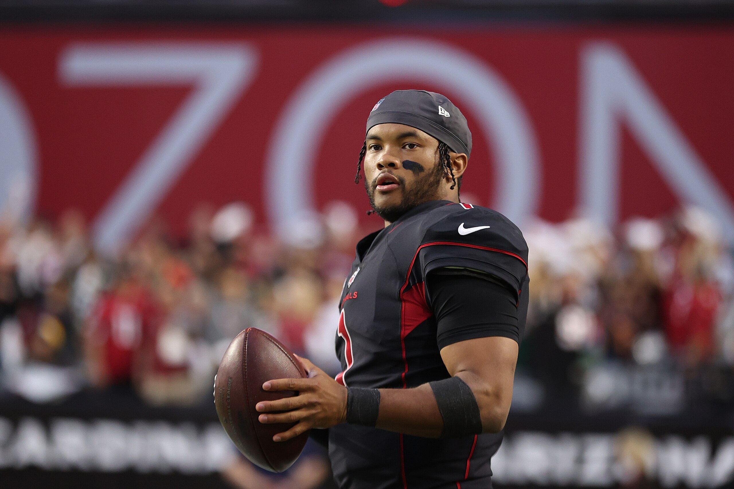 GLENDALE, ARIZONA - OCTOBER 28: Kyler Murray #1 of the Arizona Cardinals stands on the sideline prior to a game against the Green Bay Packers at State Farm Stadium on October 28, 2021 in Glendale, Arizona. (Photo by Christian Petersen/Getty Images)