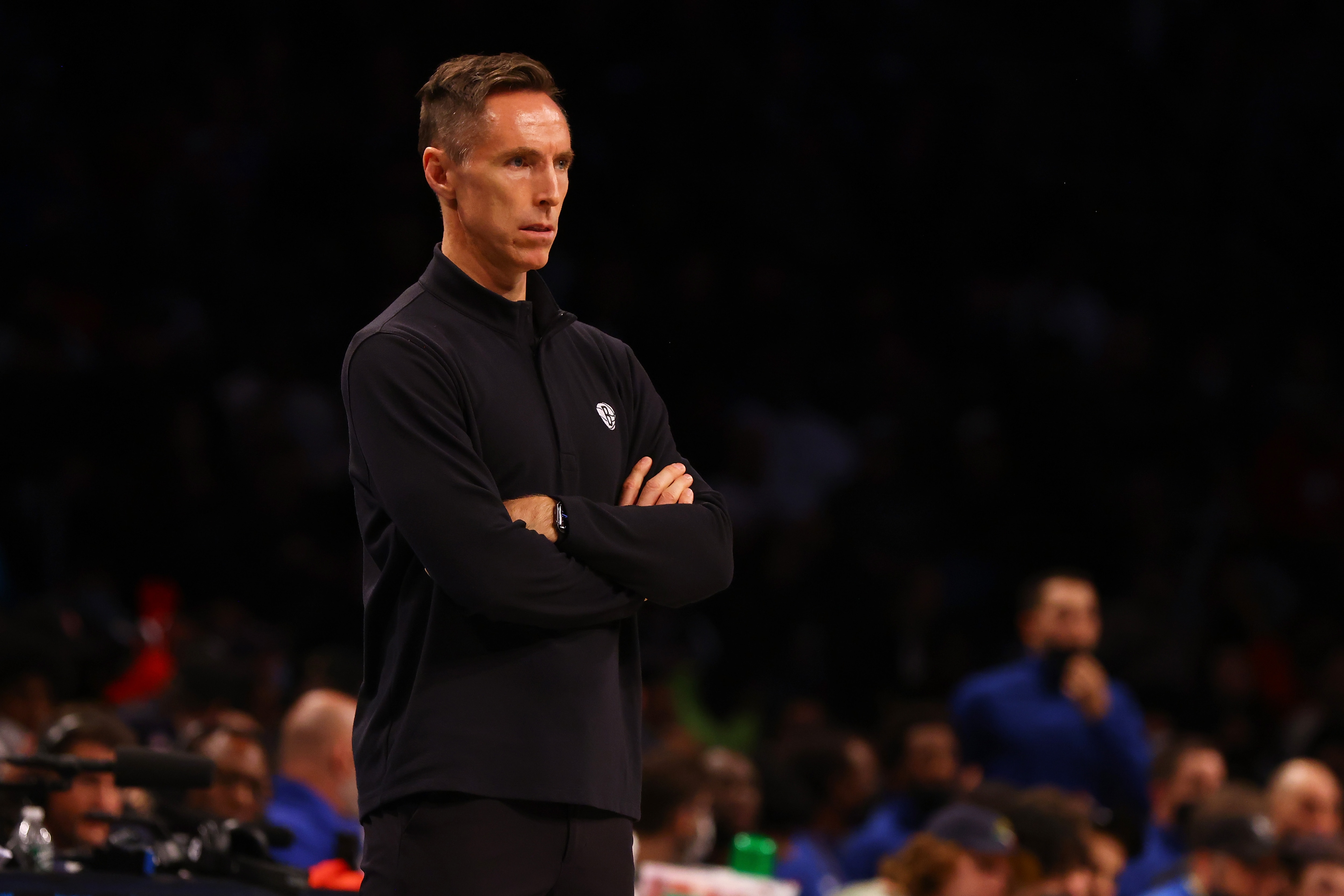 NEW YORK, NEW YORK - OCTOBER 31: Head Coach Steve Nash looks on from the bench against the Detroit Pistons at Barclays Center on October 31, 2021 in New York City. NOTE TO USER: User expressly acknowledges and agrees that, by downloading and or using this photograph, user is consenting to the terms and conditions of the Getty Images License Agreement. (Photo by Mike Stobe/Getty Images)