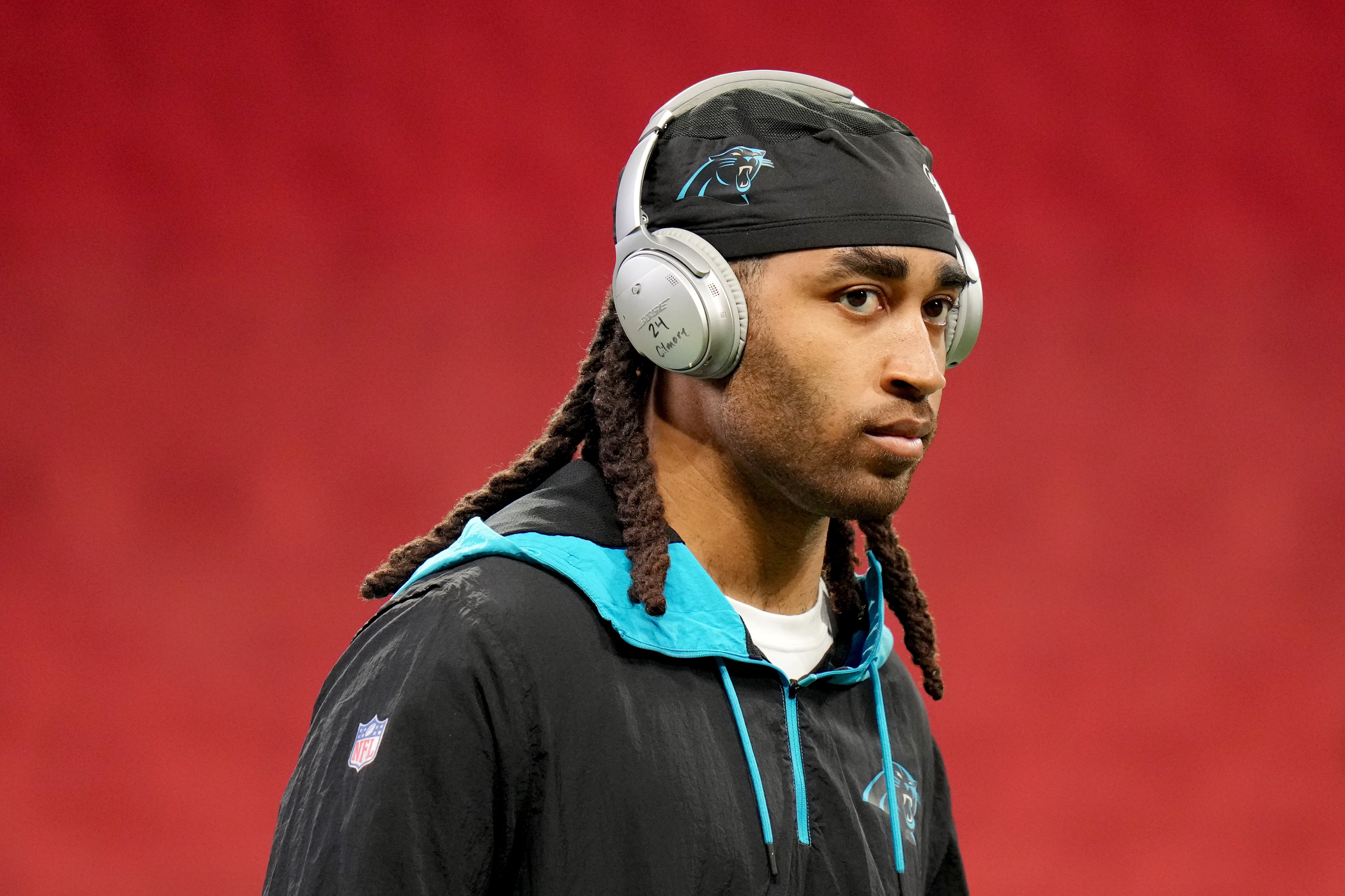 ATLANTA, GEORGIA - OCTOBER 31: Stephon Gilmore #9 of the Carolina Panthers looks on before the game against the Atlanta Falcons at Mercedes-Benz Stadium on October 31, 2021 in Atlanta, Georgia. (Photo by Mark Brown/Getty Images)