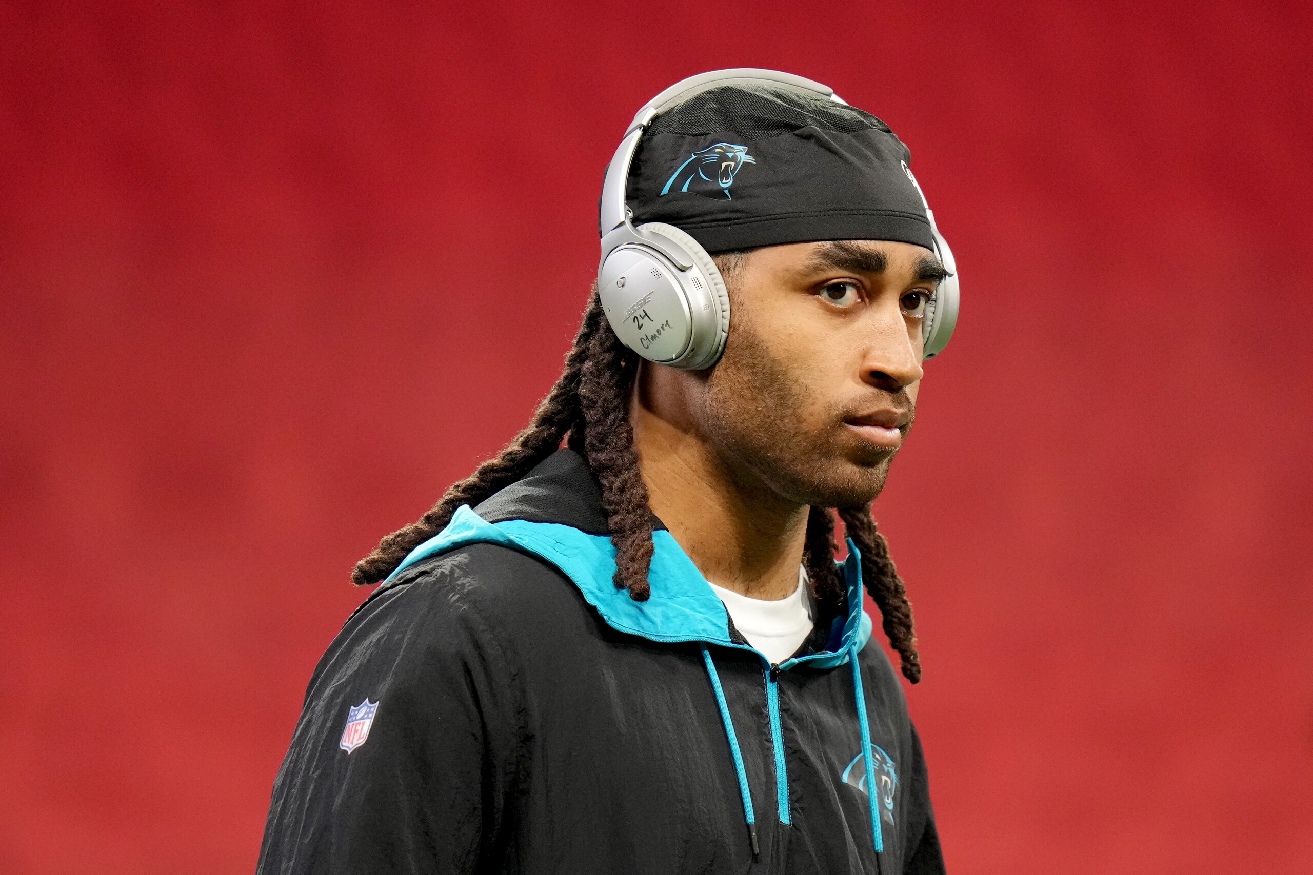 ATLANTA, GEORGIA - OCTOBER 31: Stephon Gilmore #9 of the Carolina Panthers looks on before the game against the Atlanta Falcons at Mercedes-Benz Stadium on October 31, 2021 in Atlanta, Georgia. (Photo by Mark Brown/Getty Images)