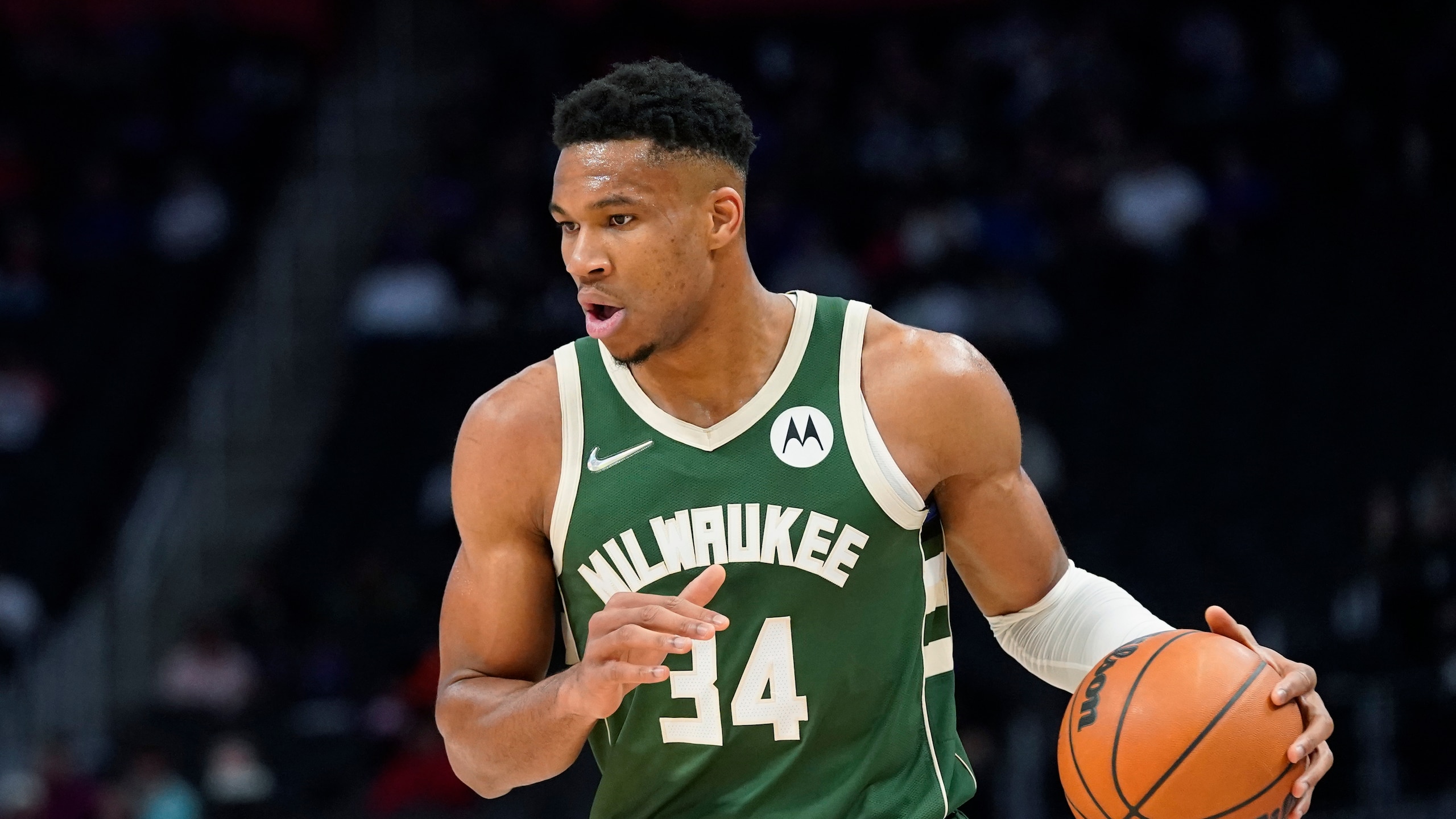 Milwaukee Bucks forward Giannis Antetokounmpo plays during the first half of an NBA basketball game, Tuesday, Nov. 2, 2021, in Detroit. (AP Photo/Carlos Osorio)