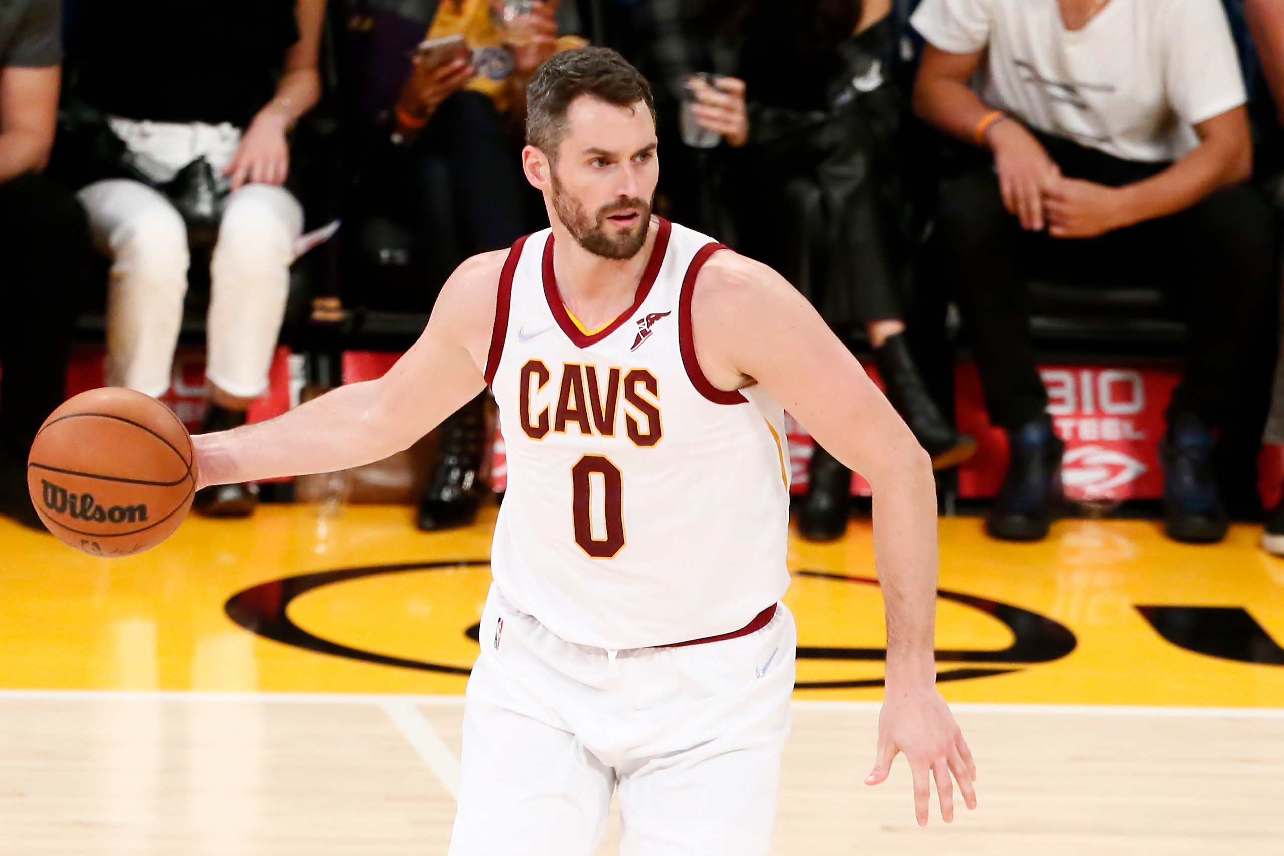 LOS ANGELES, CA - OCTOBER 29: Kevin Love #0 of the Cleveland Cavaliers dribbles the ball during a game at the STAPLES Center on October 29, 2021 in Los Angeles, California. NOTE TO USER: User expressly acknowledges and agrees that, by downloading and or using this photograph, User is consenting to the terms and conditions of the Getty Images License Agreement. Mandatory Credit: 2021 NBAE (Photo by Chris Elise/NBAE via Getty Images) LOS ANGELES, CA - OCTOBER 29: Kevin Love #0 of the Cleveland Cavaliers dribbles the ball during a game at the STAPLES Center on October 29, 2021 in Los Angeles, California. NOTE TO USER: User expressly acknowledges and agrees that, by downloading and or using this photograph, User is consenting to the terms and conditions of the Getty Images License Agreement. Mandatory Credit: 2021 NBAE (Photo by Chris Elise/NBAE via Getty Images)