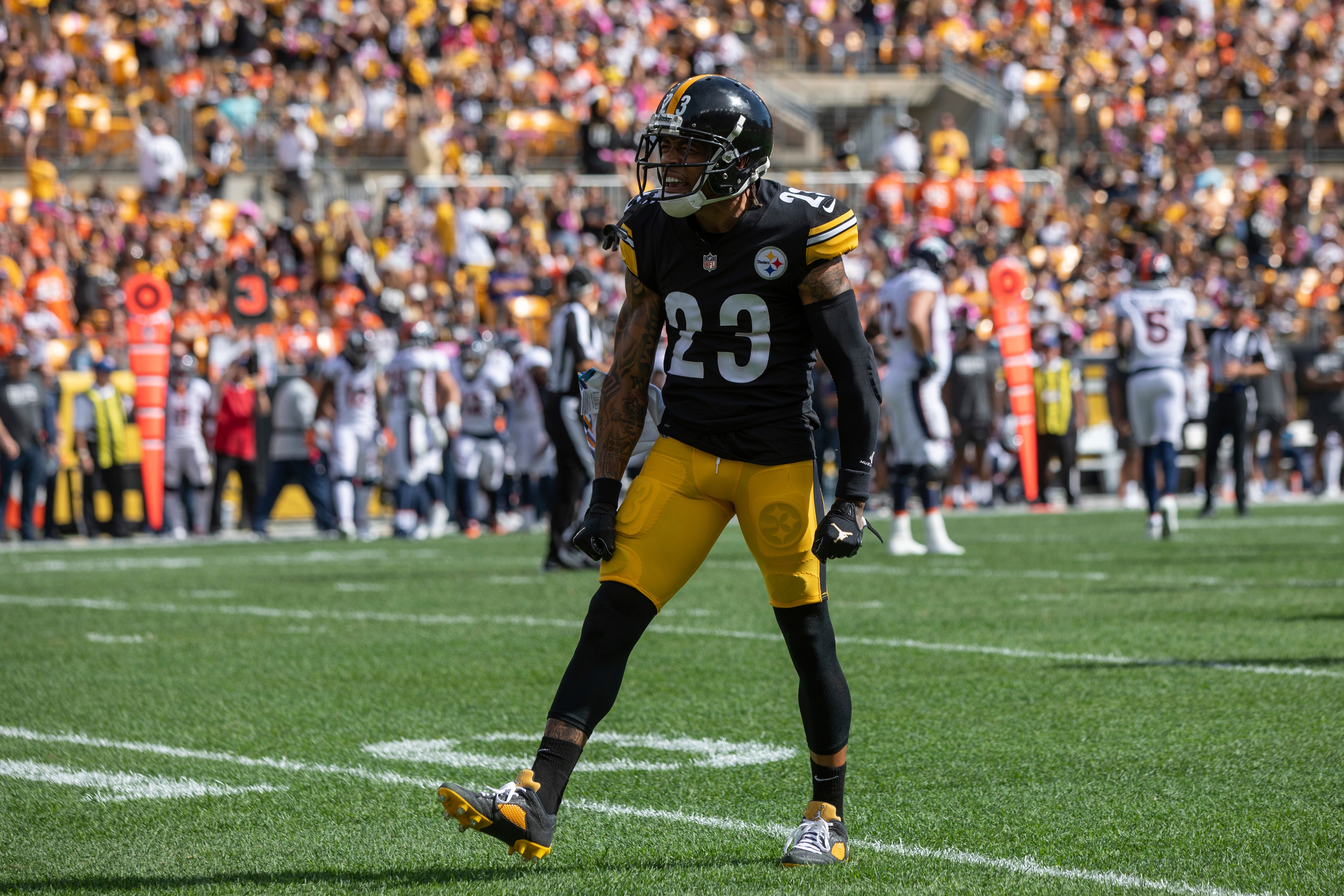 Pittsburgh Steelers cornerback Joe Haden (23) celebrates after a defensive stop during an NFL football game, Sunday, Oct. 10, 2021 in Pittsburgh. (AP Photo/Matt Durisko)