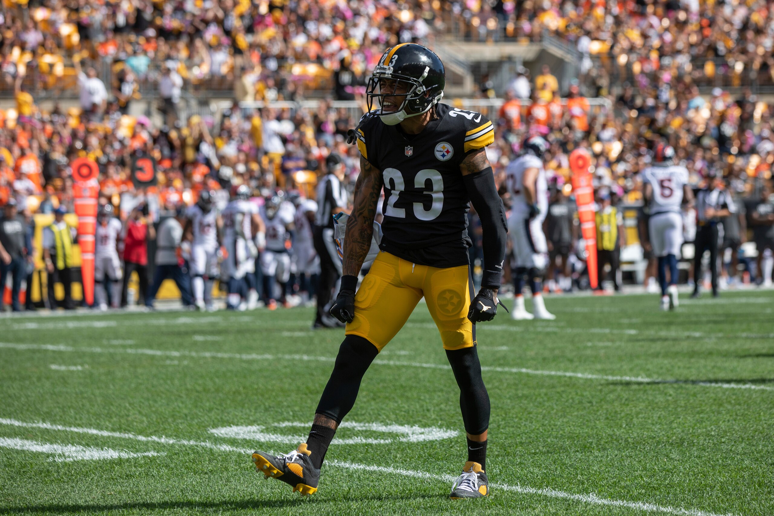 Pittsburgh Steelers cornerback Joe Haden (23) celebrates after a defensive stop during an NFL football game, Sunday, Oct. 10, 2021 in Pittsburgh. (AP Photo/Matt Durisko)