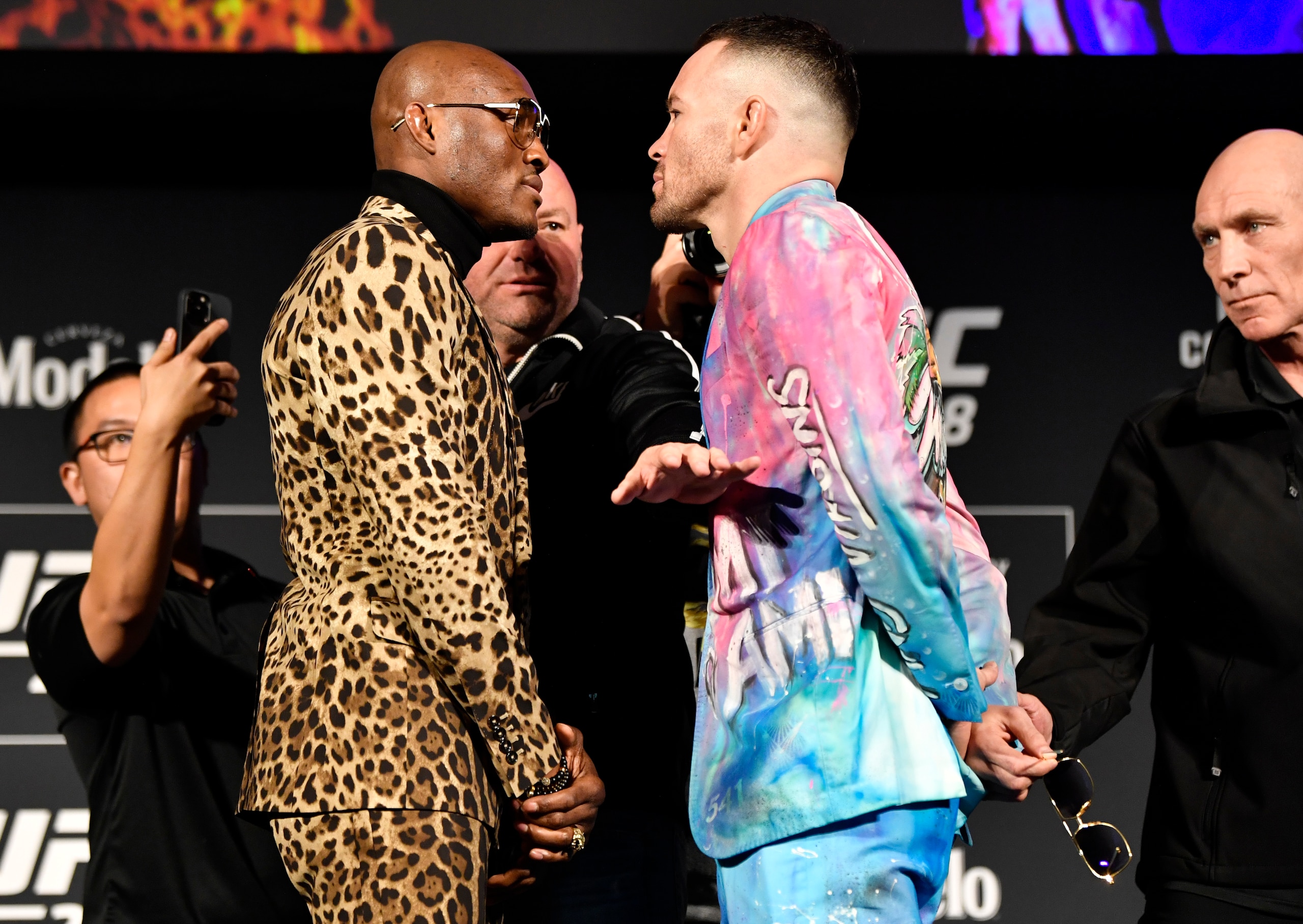 NEW YORK, NEW YORK - NOVEMBER 04: (L-R) Opponents Kamaru Usman of Nigeria and Colby Covington face off during the UFC 268 press conference at The Hulu Theater at Madison Square Garden on November 04, 2021 in New York City. (Photo by Jeff Bottari/Zuffa LLC)