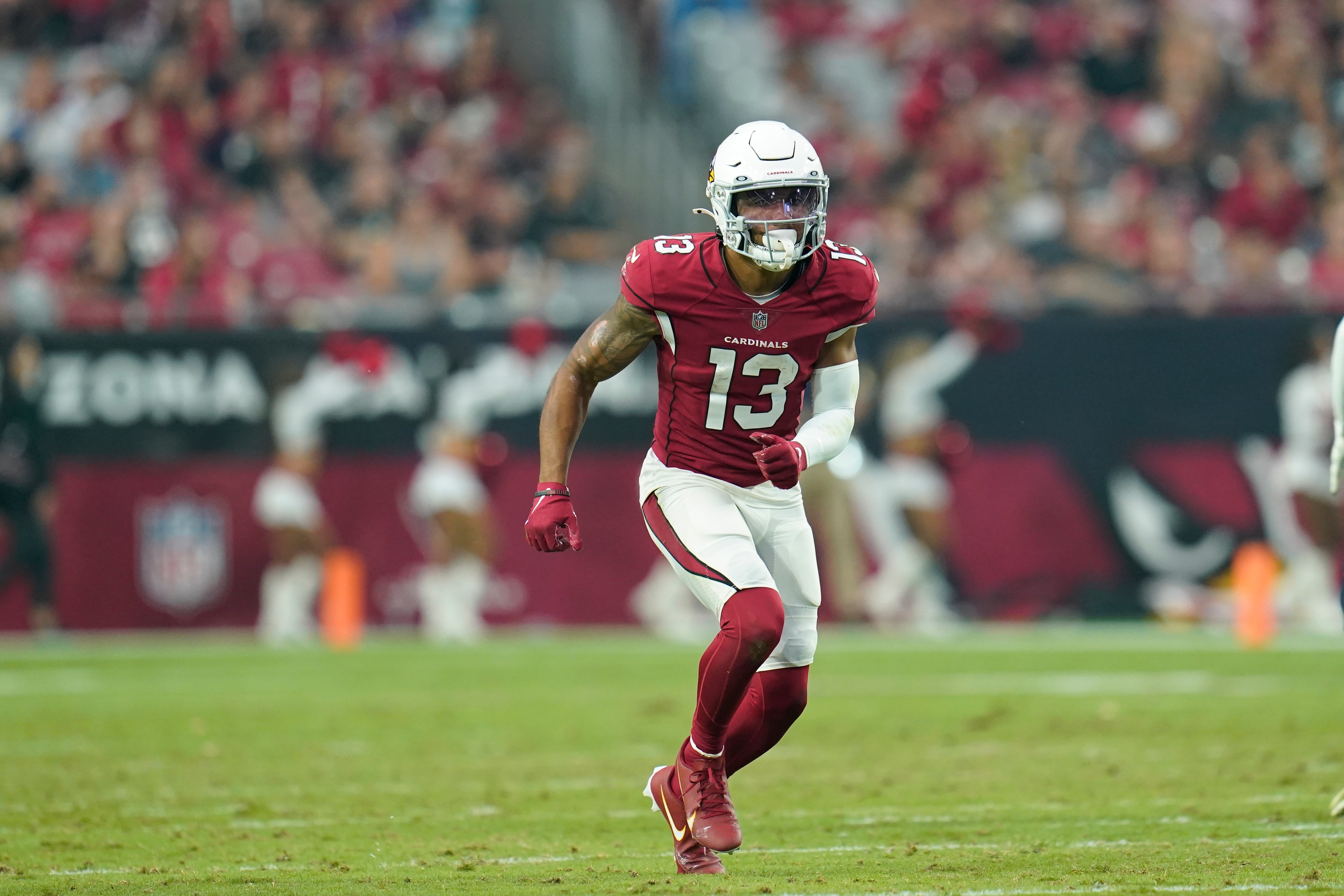 Arizona Cardinals wide receiver Christian Kirk (13) runs a pass route during a NFL football game against the Houston Texans, Sunday, Oct. 24, 2021, in Glendale, Ariz. (AP Photo/Matt Patterson)