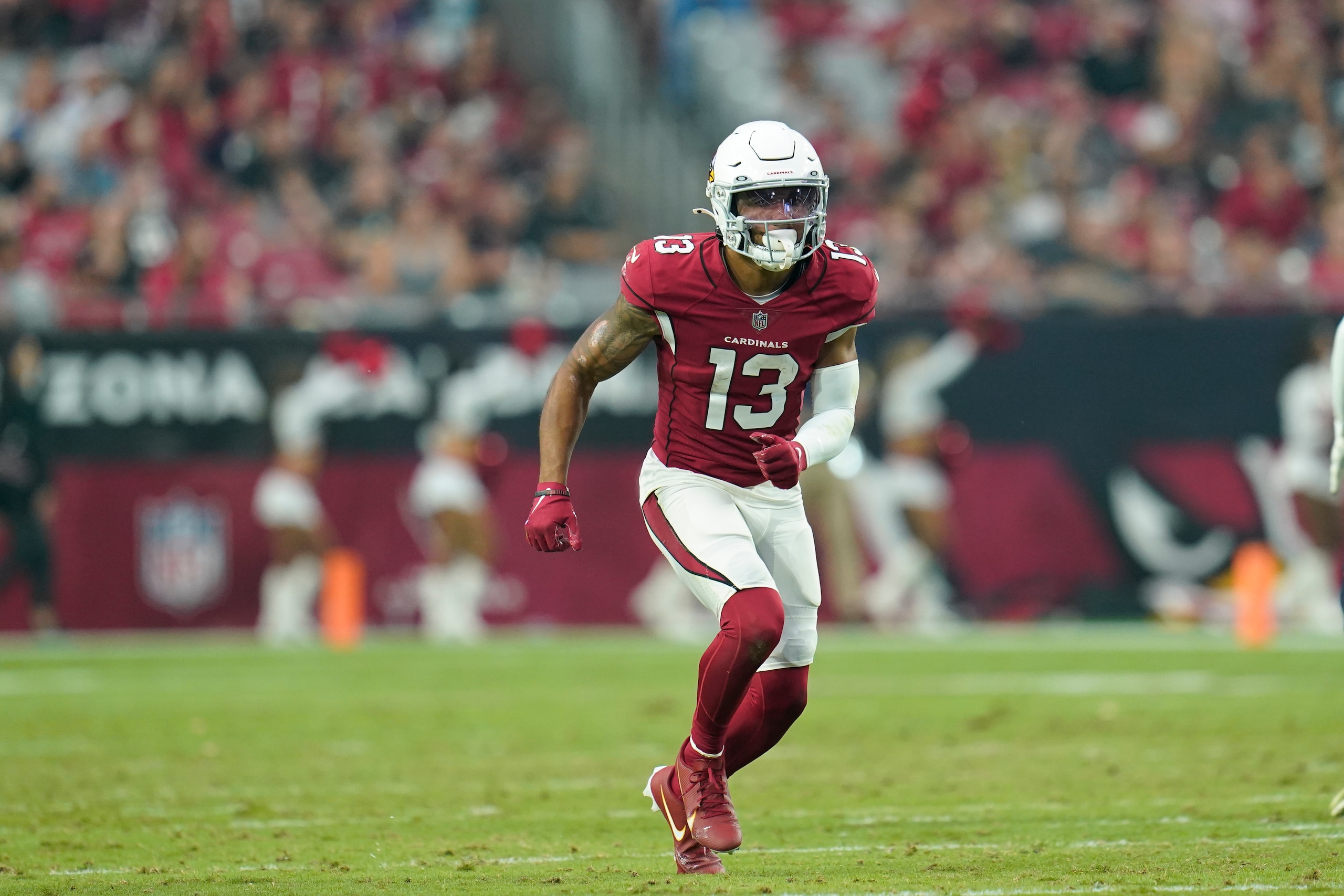 Arizona Cardinals wide receiver Christian Kirk (13) runs a pass route during a NFL football game against the Houston Texans, Sunday, Oct. 24, 2021, in Glendale, Ariz. (AP Photo/Matt Patterson)