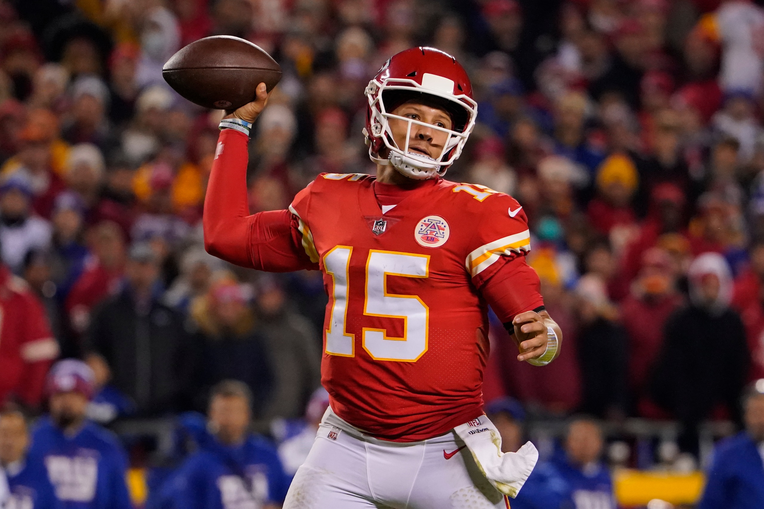 Kansas City Chiefs quarterback Patrick Mahomes (15) throws a pass during the second half of an NFL football game against the New York Giants Monday, Nov. 1, 2021, in Kansas City, Mo. (AP Photo/Ed Zurga)